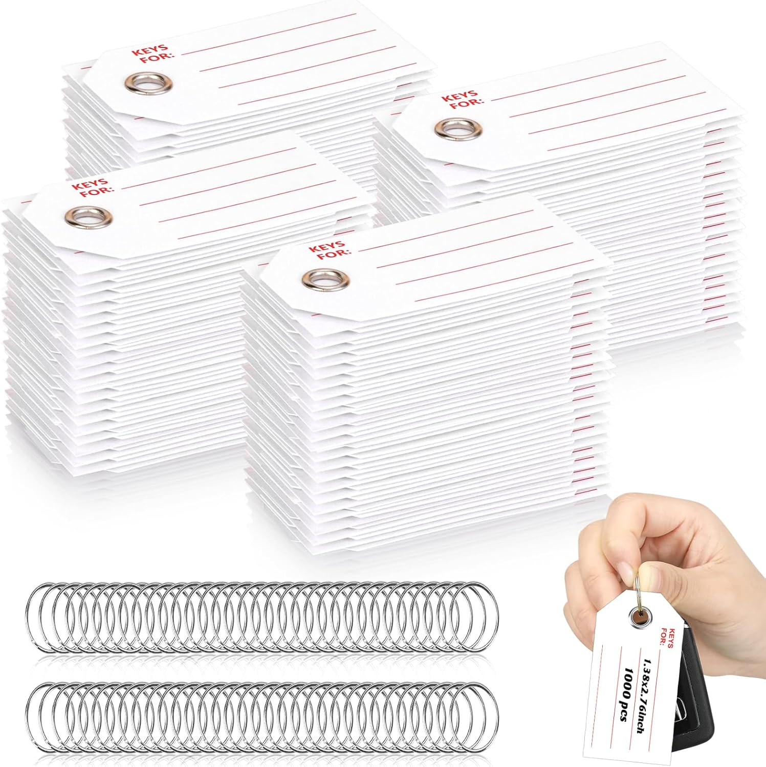 1000 Pcs Red Key Tags with Labels White Paper Key Tags with Rings 1.3x2.7 inch Key Chain Tags to Write On Bulk Tags Labeling Luggage for Car Markers Door Dealership Name (1000, White & Red, 1.3x2.7in)