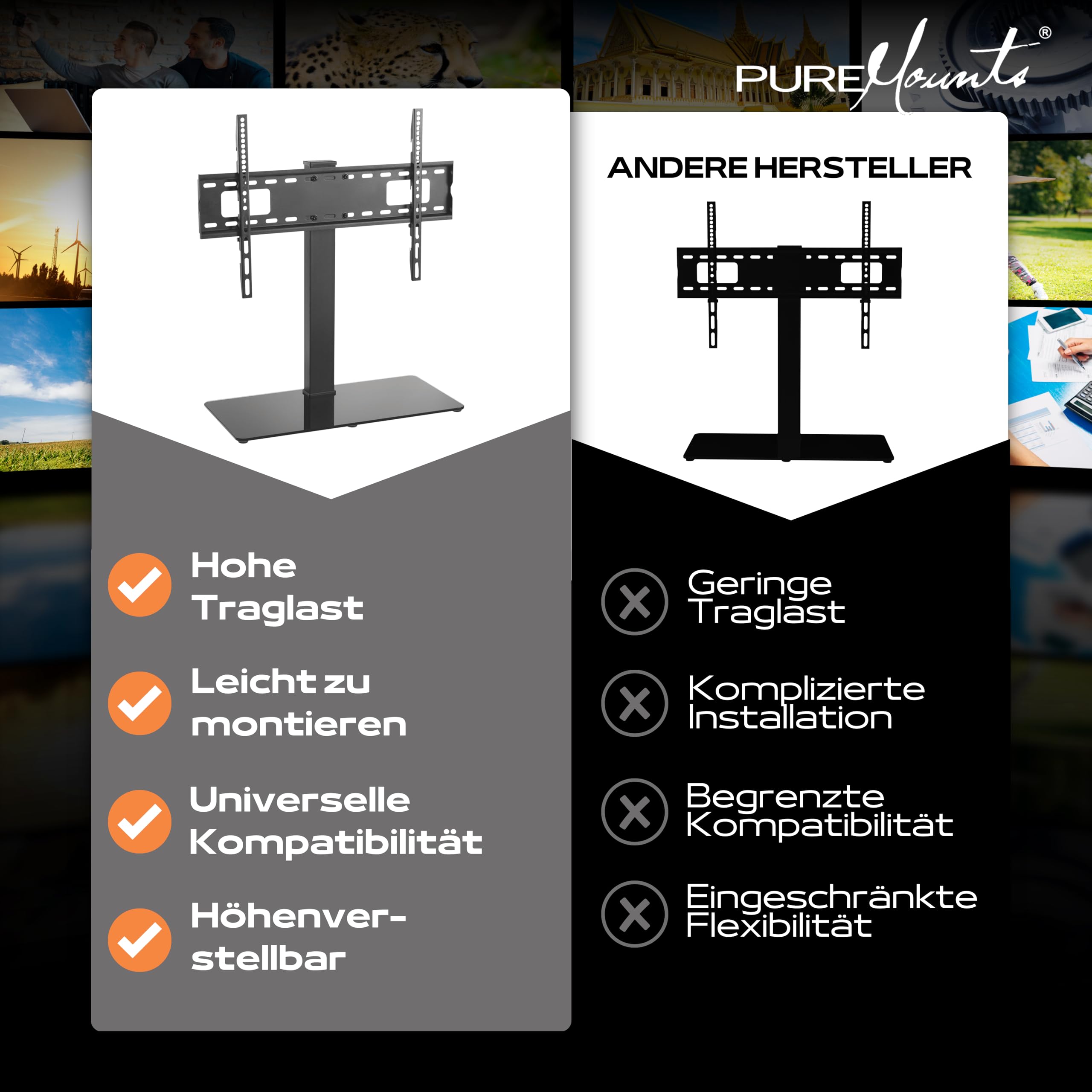 PureMounts Stojak na telewizor, uniwersalny uchwyt do telewizora 37-70 cali, Samsung, LG, Philips, Panasonic i wielu innych, maks. Vesa 600 x 400 kg i 40 kg, czarny