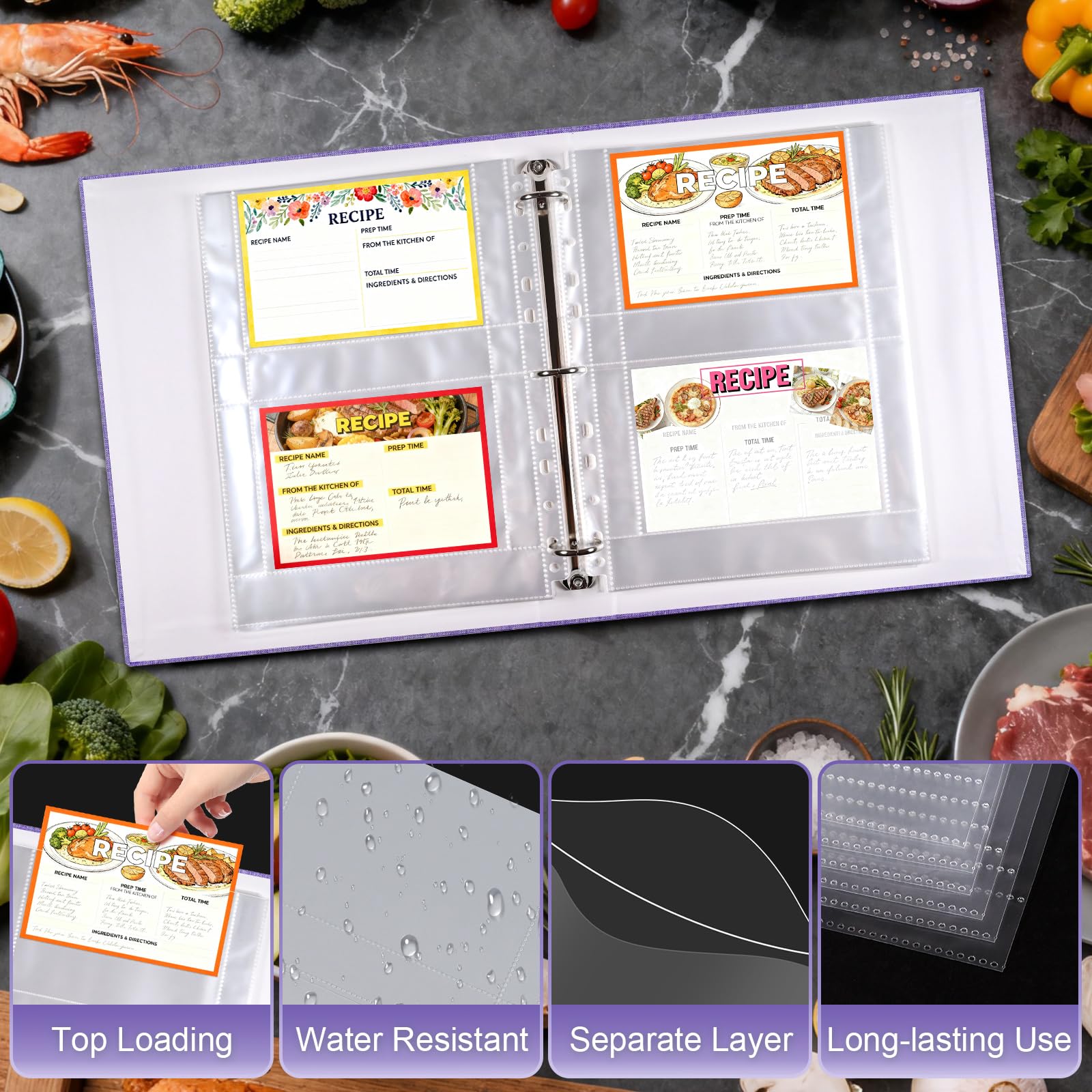 Amazon.com: A4 3 Ring Binder Recipe Card Holder Book with 30 Pack 4x6 Inch  Recipe Card Protector Pages, Linen Hardcover Organization Book for Recipe  Cards，120 Top Loading Pockets: Home & Kitchen