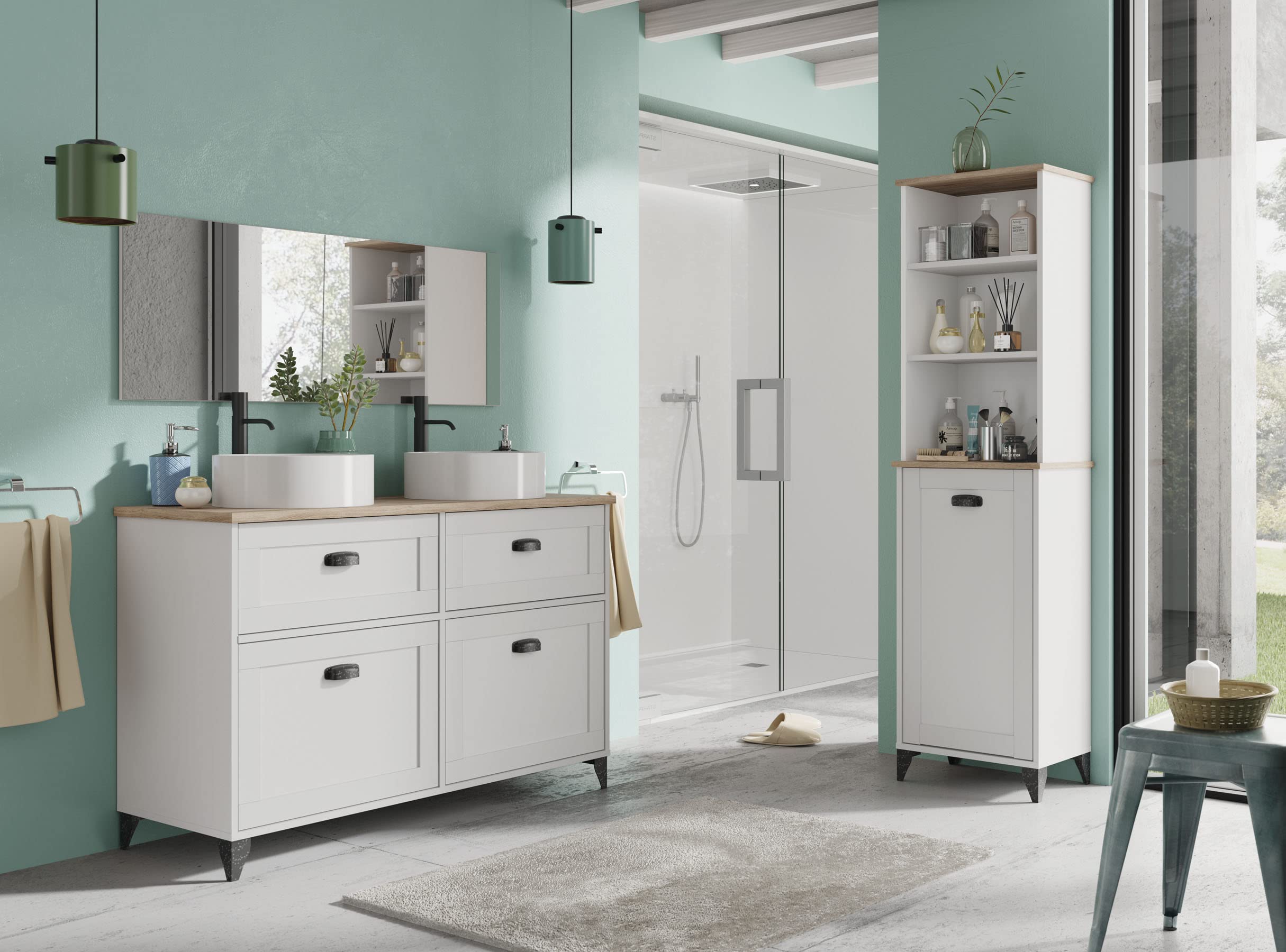 Arredo bagno porta lavabo PANAREA da 60, 95 o 135 cm con anta cassetti e vano a giorno per lavabi d'appoggio