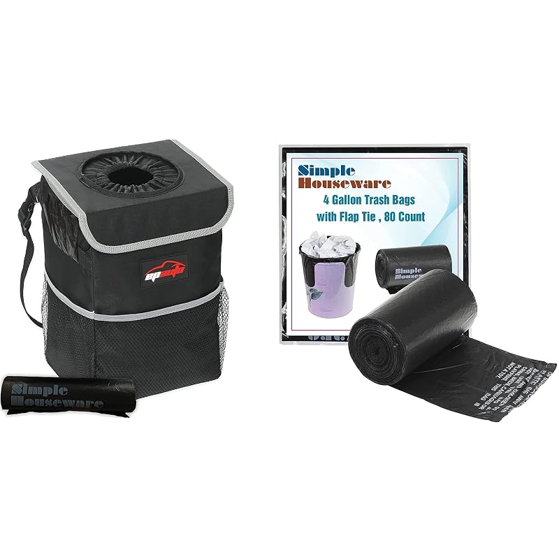 Lixeira para Carro EPAuto Impermeável com Tampa e Bolsos, com Sacos Simple Houseware, 4 galões (15,1 L), Preta, 80 unidades