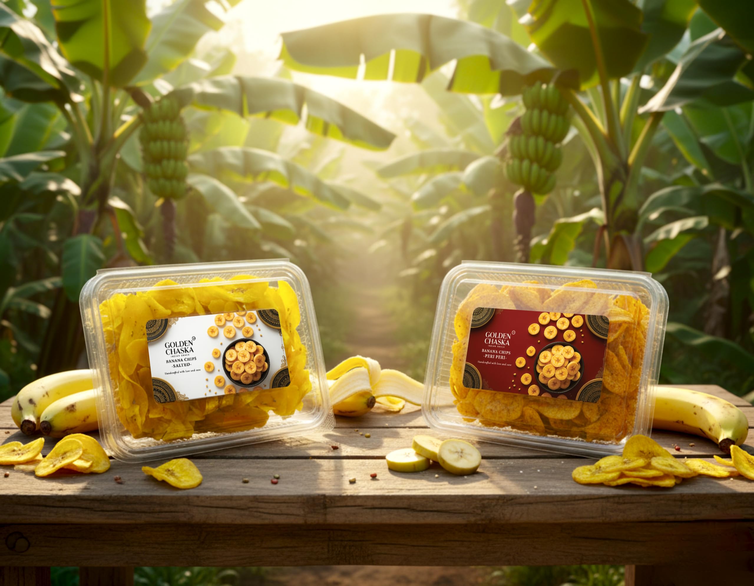 Golden Chaska Premium Banana Chips Combo Pack | Salted & Peri Peri Flavors | Crunchy & Fresh with NO added Preservatives, NO Palm Oil & NO added Colors | Perfect Tea-Time & Travel Snack | 2 Flavors in One Party Pack | (250g x 2) 4