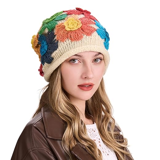 ZLYC Women Winter Knit Beanie Hat Soft Crochet Skullies Beanies with Flower Accent (Crochet Beige)