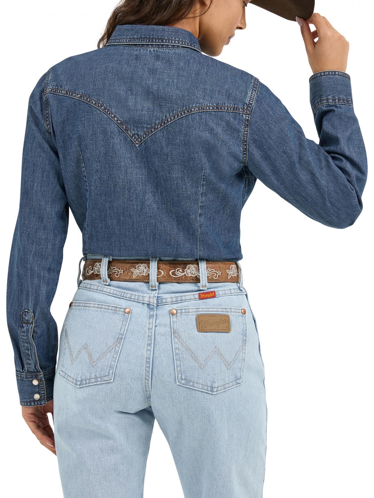 Wrangler, Retro Langarm-Western-Hemd für Damen mit Druckknöpfen, in Mittelblau