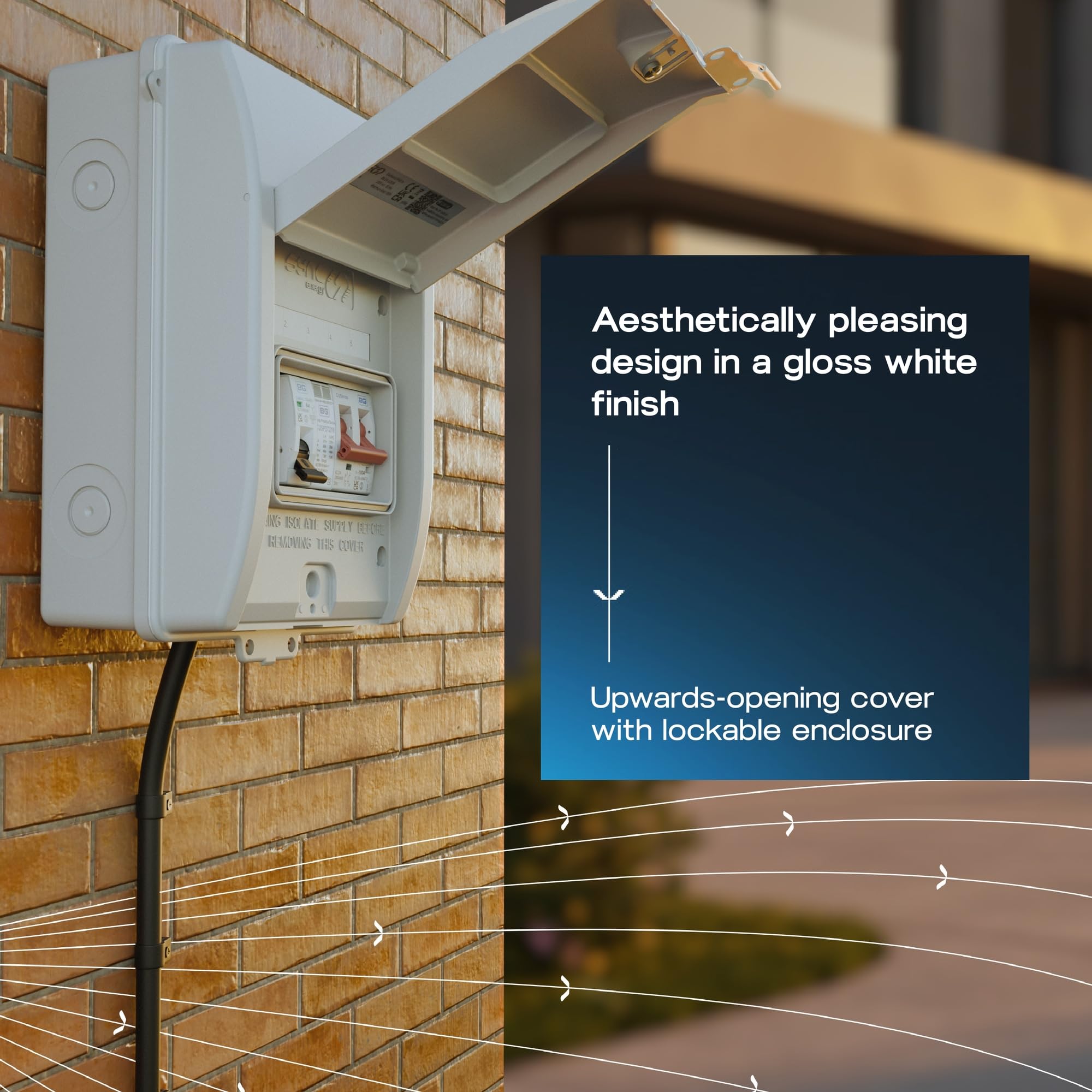 Alimentatore EV con MCB 40A, SPD tipo 2 e interruttore principale 100A, kit di recinzione per veicoli elettrici, resistente alle intemperie, 5 moduli, popolato, BG Sync EV, bianco, IP65