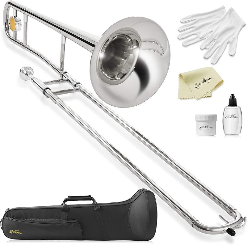 Bb Tenor Slide Trombone with Nickel Plated Finish - Includes Case, Mouthpiece, Gloves, Cleaning Cloth, Slide Grease