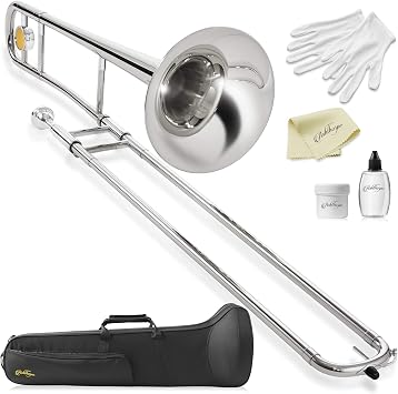 Ashthorpe Bb Tenor Slide Trombone with Nickel Plated Finish - Includes Case, Mouthpiece, Gloves, Cleaning Cloth, Slide Grease