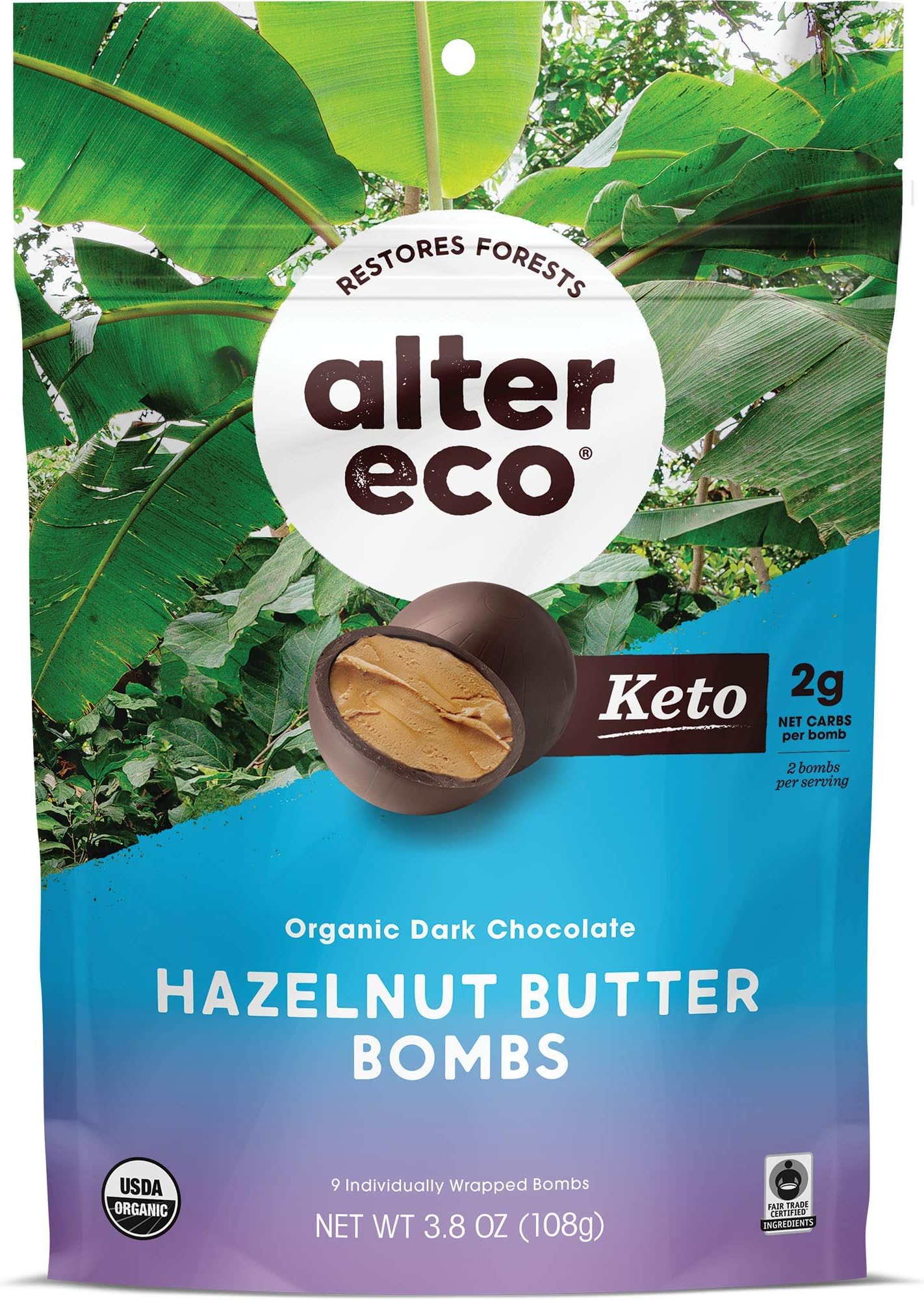 Alter Eco Hazelnut Butter Bombs - Organic Dark Chocolate - Healthy Snacks for Adults - 9 Individually Wrapped Treats- Gluten-Free - NO Preservatives, Low-Carb & Low Sugar - Keto Friendly