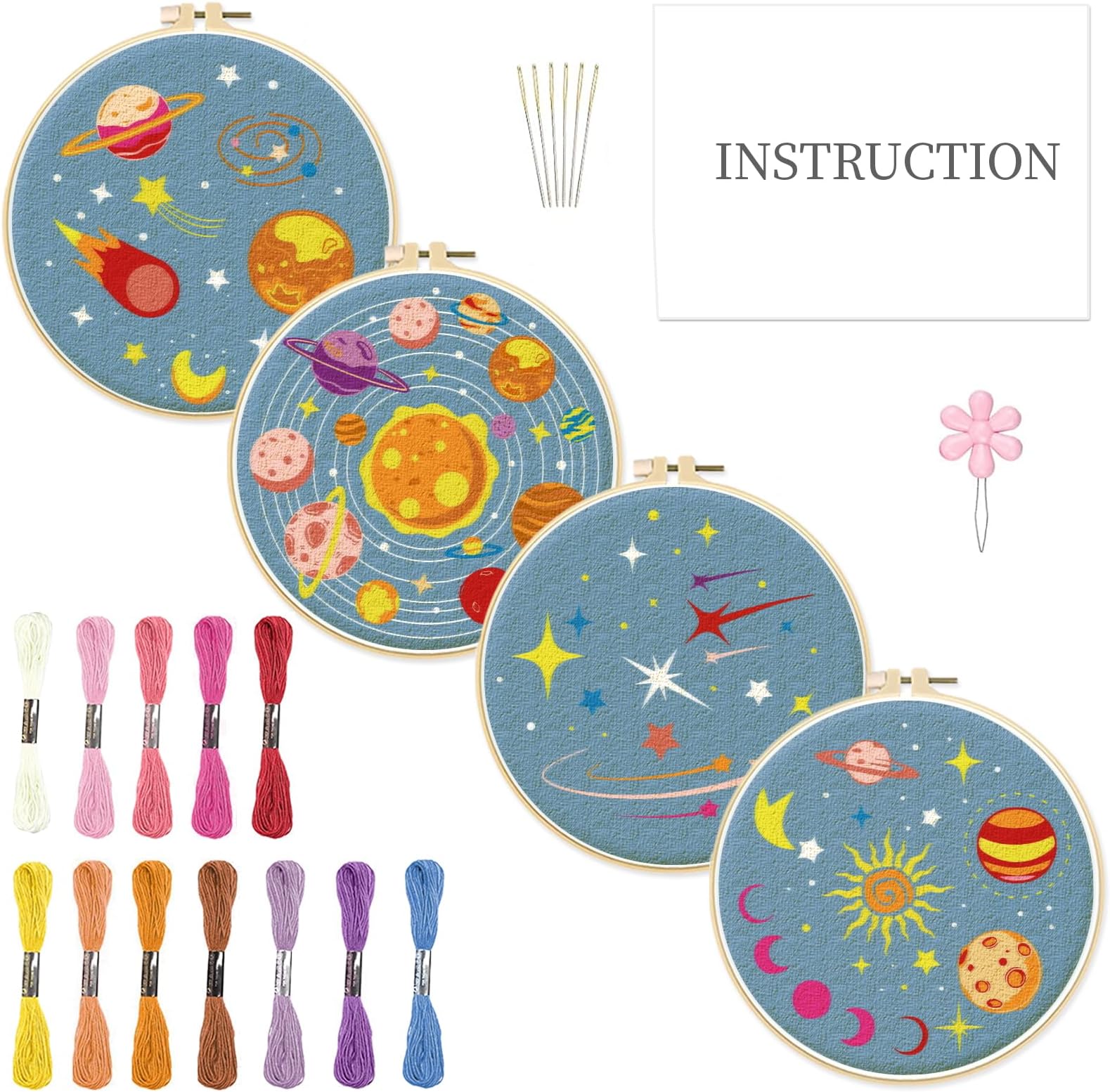 INFUNLY 4 Set Solar System Embroidery Kit for Adults DIY Handmade Stars Embroidery Starter Kit with Sun Stars Moon Patterns