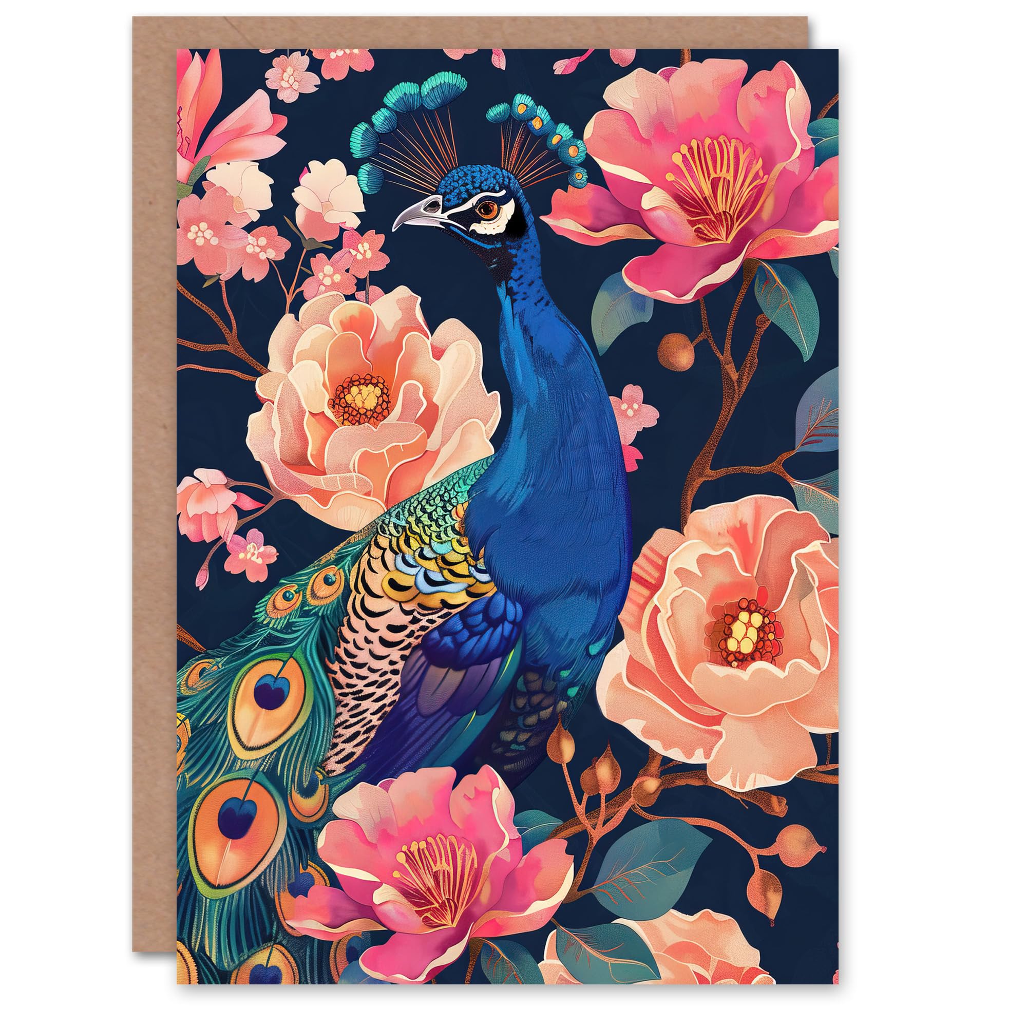 Artery8 Peacock Bird Pink Flower Greeting Card Birthday Blue