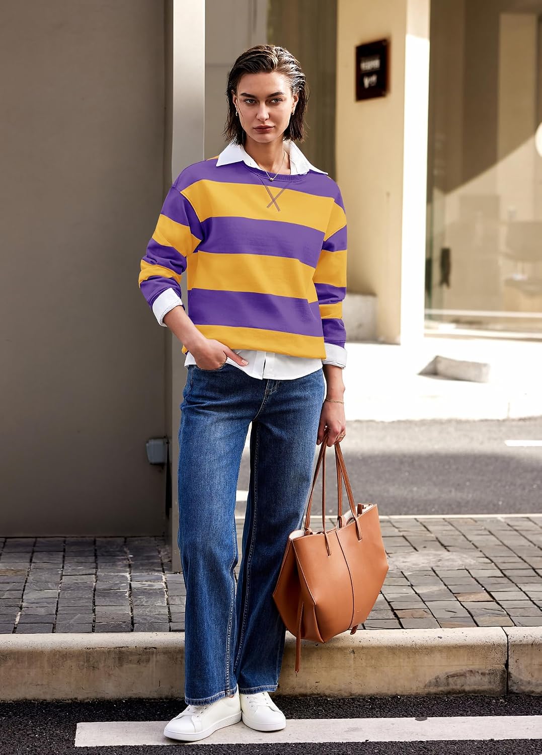 Nirovien Womens Striped Oversized Sweatshirts Casual Long Sleeve Crewneck Sweatshirt Color Block Pullover Tops