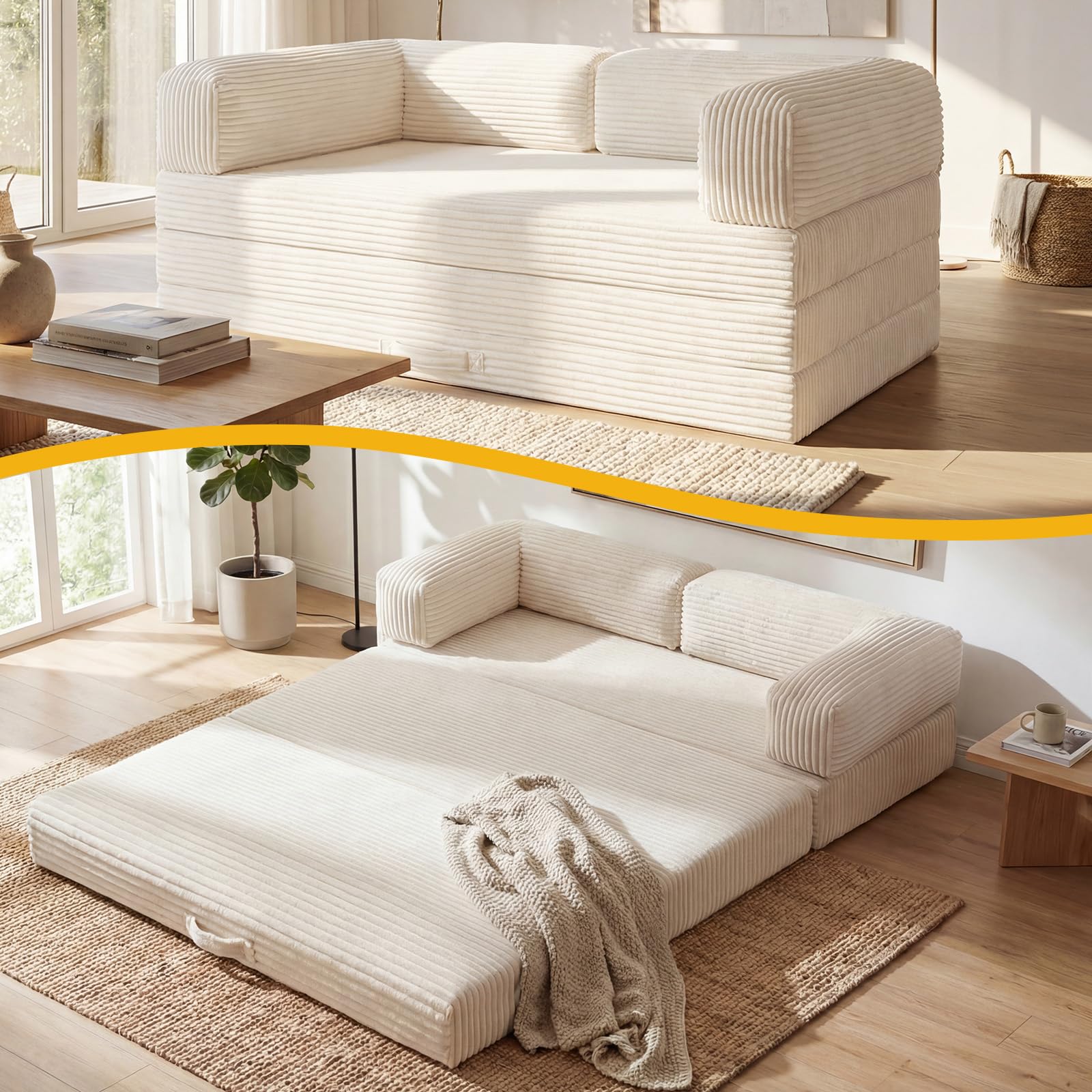 Tri-Folding Mattress Queen Futon Sofa Bed Convertible Tri Fold Mattress Foldable with Removable Armrests Washable Cover 5-Inch Floor