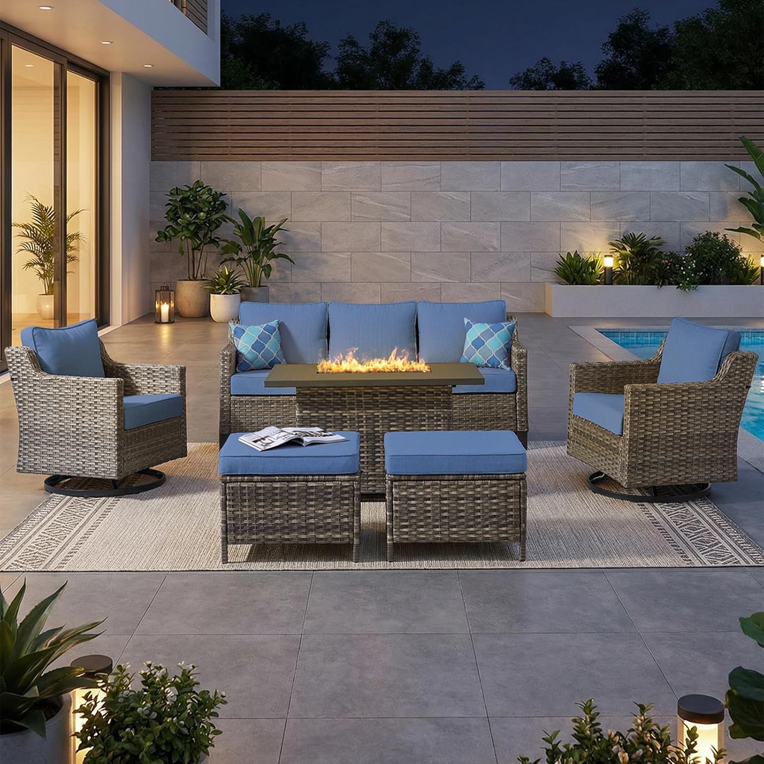 Outdoor Furniture Set of 6, Patio Sofa with Luxury 4" Cushion, Wicker Swivel Rocker Patio Chairs, and Fire Pit Table, High Back&Deep Seat for Garden Deck Porch Balcony Backyard - Blue