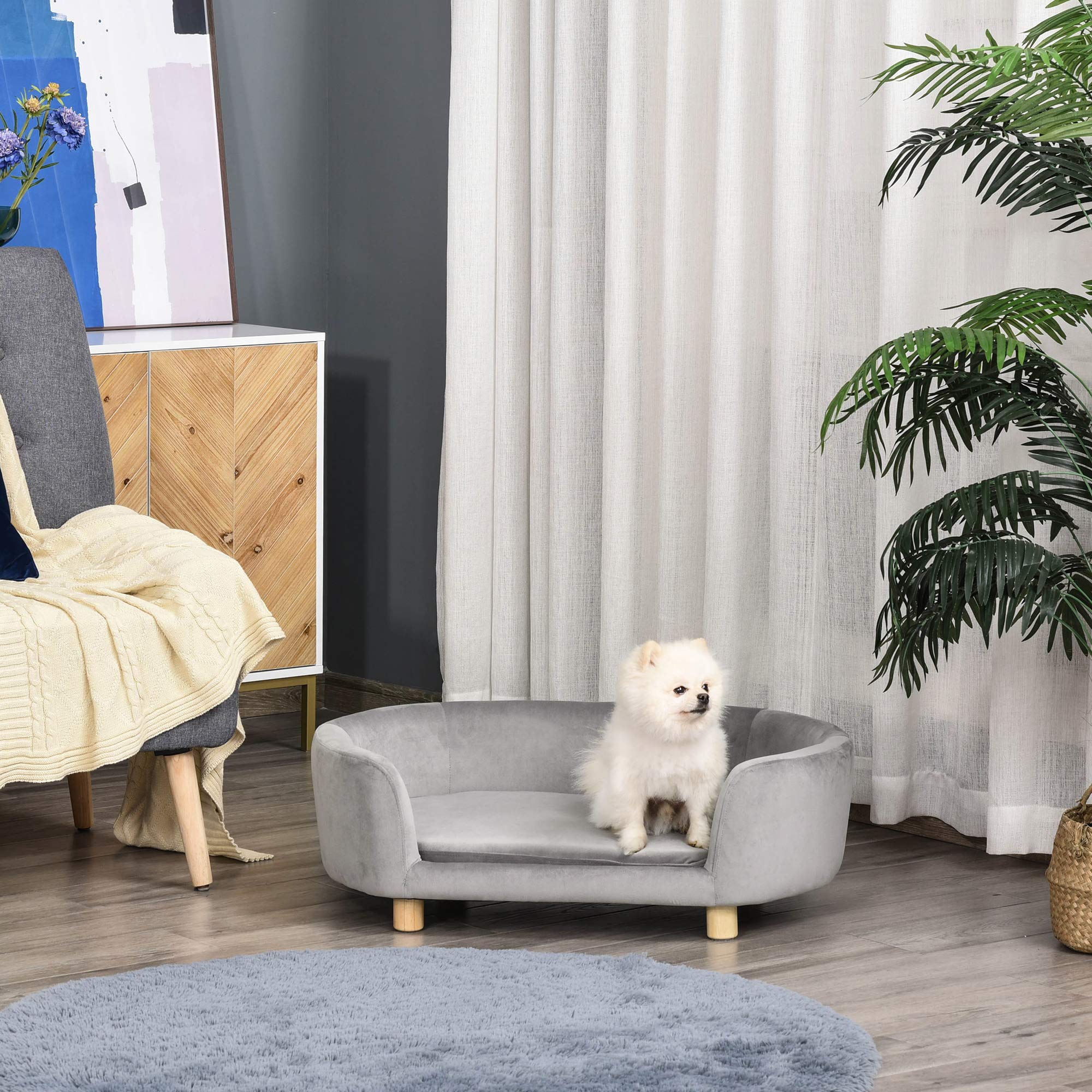 Pawhut Canapé pour chien - Lit pour chien avec velours hollandais - Mousse - Pieds en bouleau - 86 x 55 x 33 cm - Vert clair