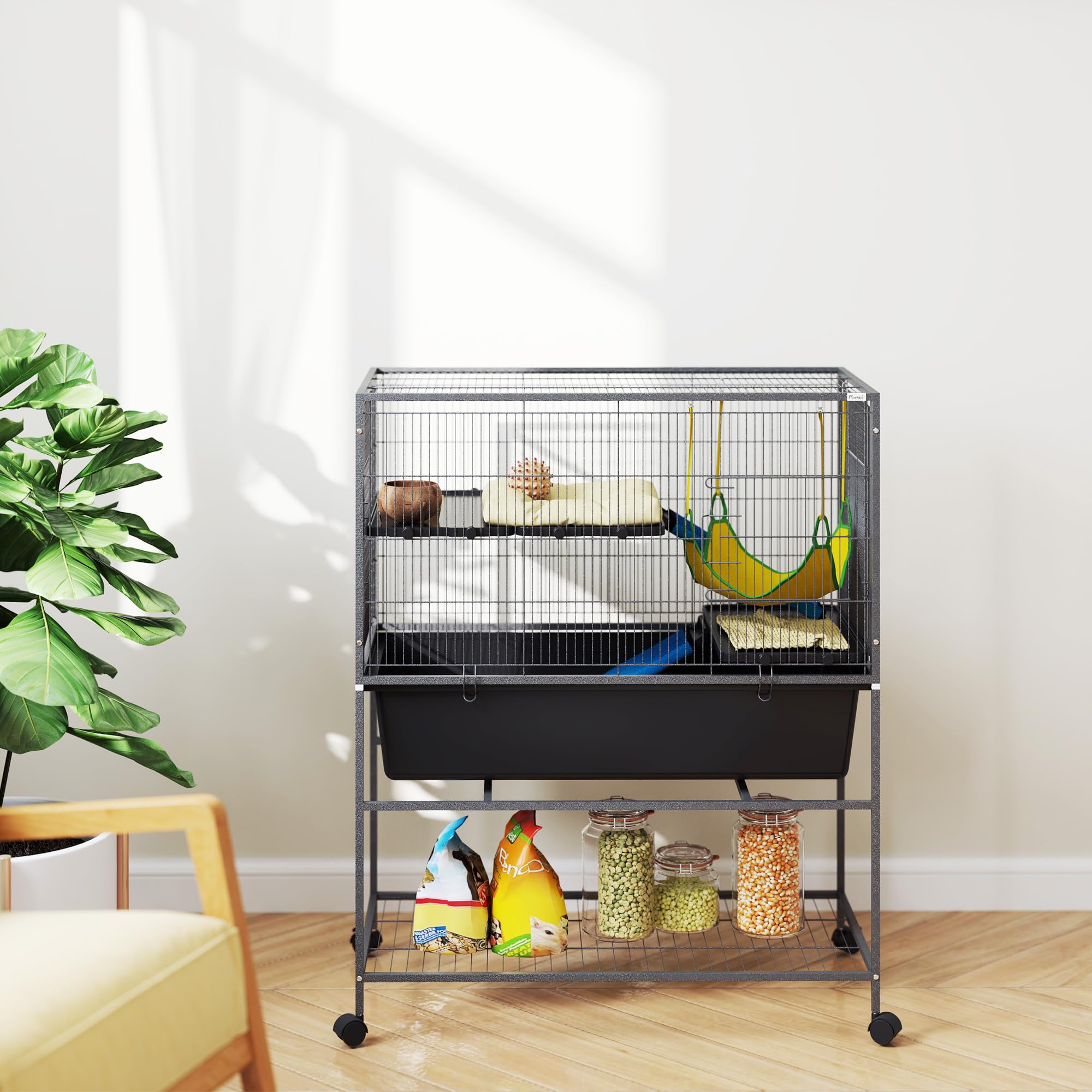 PawHut Jaula Grande para Hurones de 3 Niveles Jaula para Conejos con Ruedas Rampas Hamaca y Bandeja Extraíble Jaula para Animales Pequeños Roedores Chinchillas 88x48x102 cm Gris Oscuro