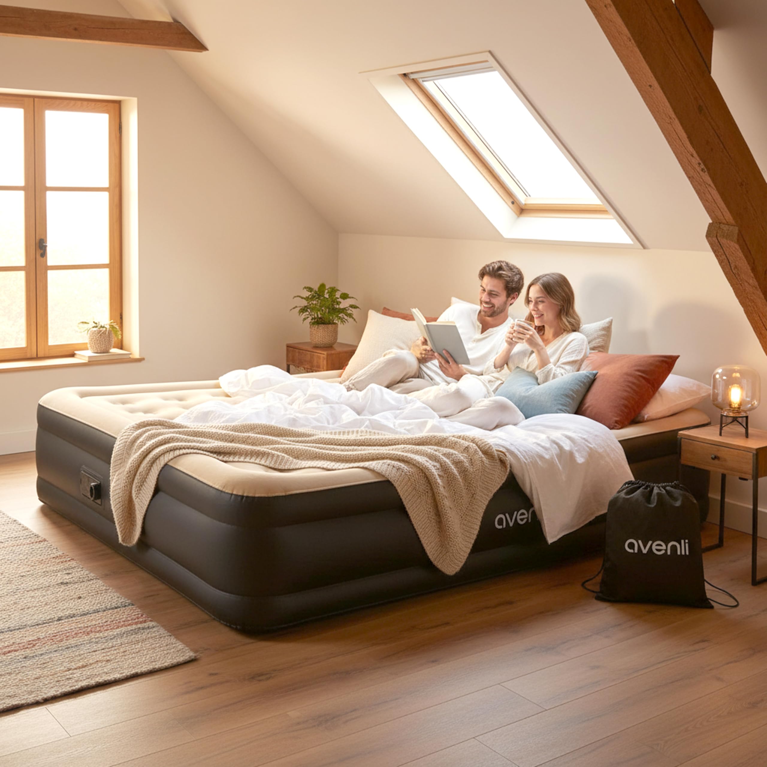 AVENLI Colchón Hinchable Autohinchable Matrimonio 203x157x47 cm, Cama Hinchable Doble 2 Personas con Bomba Eléctrica Integrada hasta 300 kg, Camping y Cama Supletoria, Coil-Beam, Beige