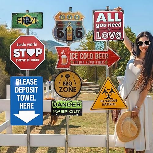 Miniatura 9 de Letrero de advertencia con texto en inglés "Please Deposit Towel Here with Downward Arrow Rules", letrero de advertencia retro de aluminio, letrero