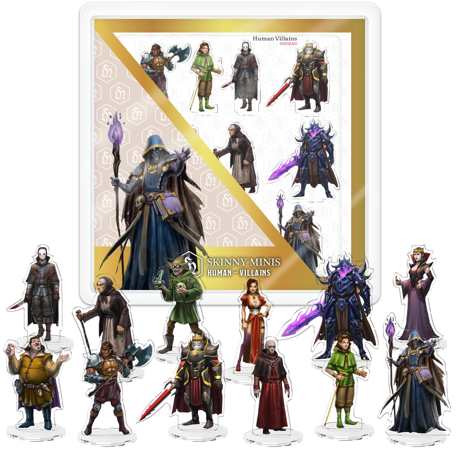 Skinny Minis Human Villains Minis Set, 12 Flat Minis, D&amp;D Compatible 2D Miniatures, 5e &amp; Pathfinder Minis, Tabletop Fantasy RPG Figures, NPC Miniatures