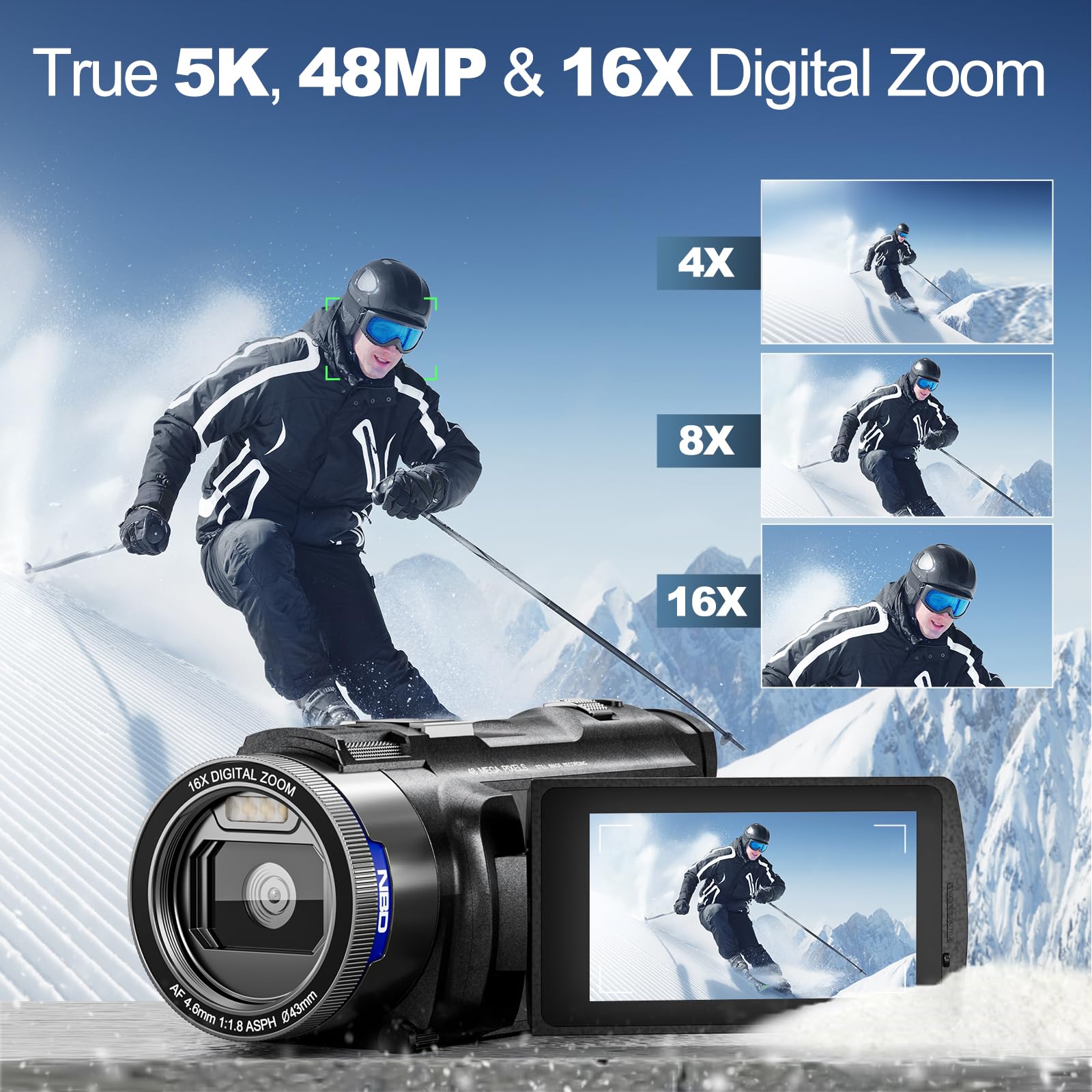 Videocamera 5K 48MP Videocamera Videocamera 16X Zoom Digitale Vlogging Registratore per Youtube Anti-shake con 3 pollici 270 ° IPS Screen WI-FI Video Recorder Cam Corder con 2 Batterie, 32GB TF Card