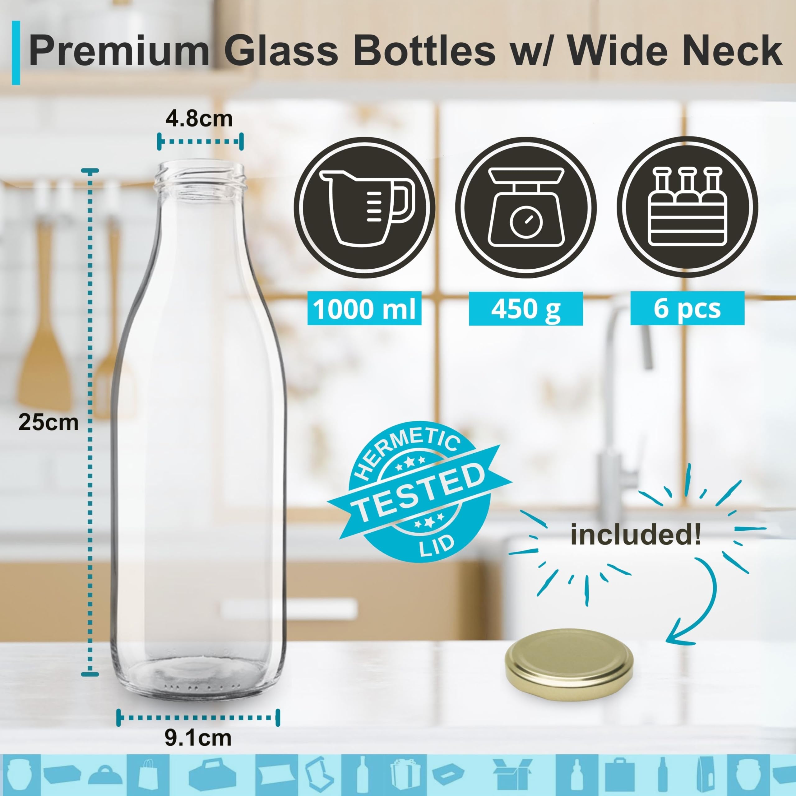 6 Bottiglie Di Vetro Con Tappo Da 250 Ml - Ideali Per Succhi, Latte, Tè, Con Etichette E Penna Included - Foto 8