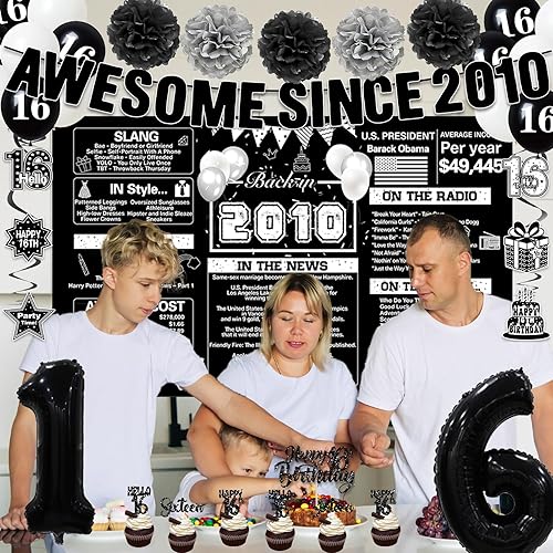 Miniatura 4 de Crenics Decoraciones negras de cumpleaños número 16 para niños y niñas, telón de fondo del año 2010, impresionante desde 2010, pompones de papel,