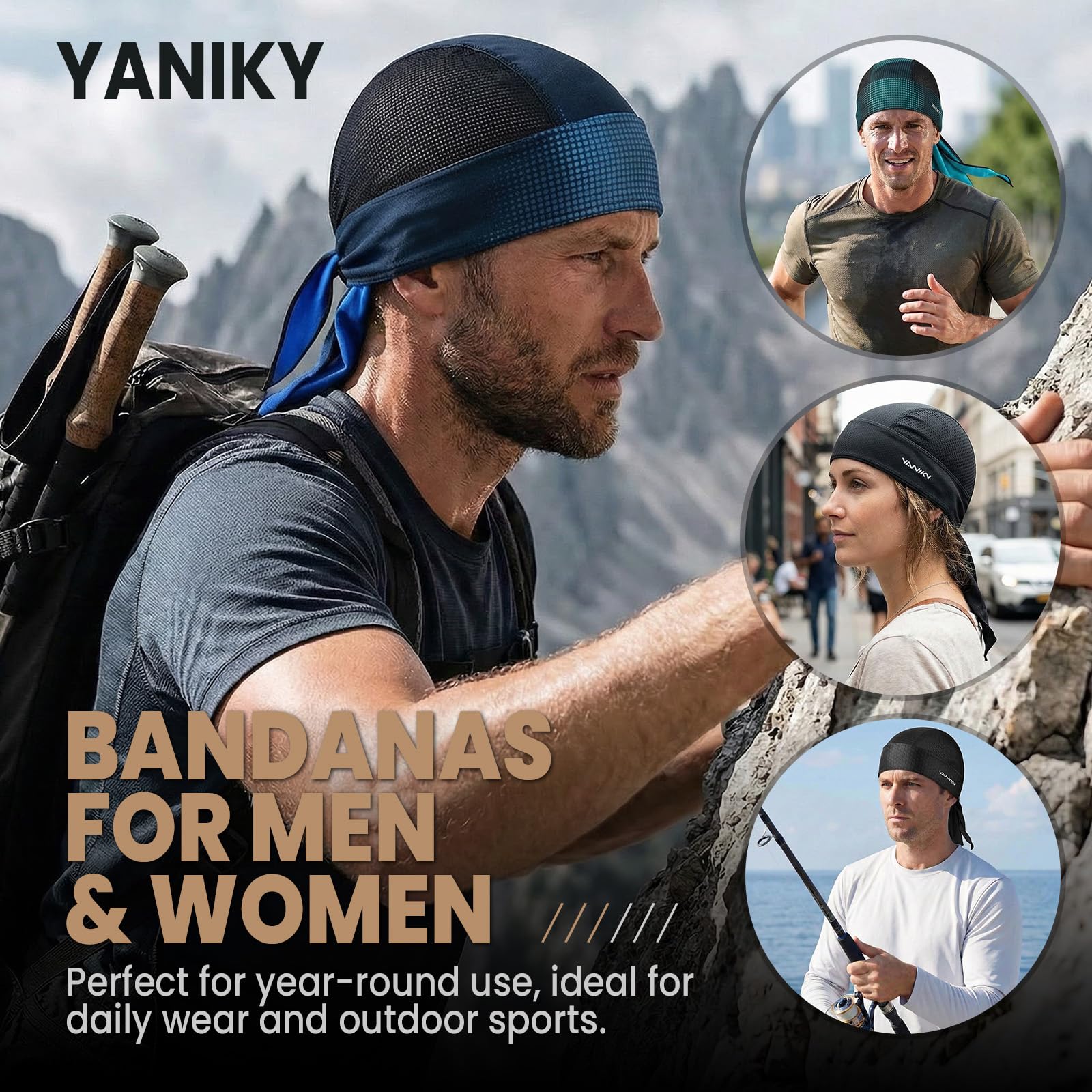 YANIKY Bandana para hombre, transpirable, pañuelo pirata para hombre, gorro deportivo para mujer, con protección UV, pañuelo para la cabeza