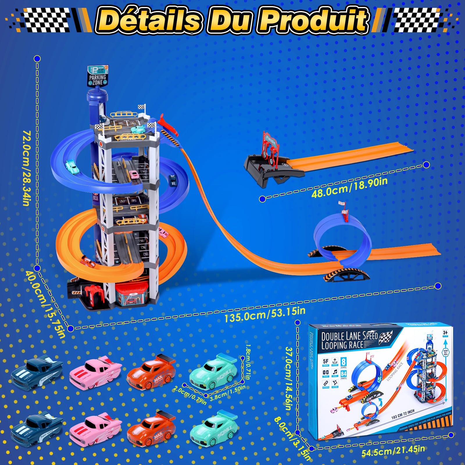 Charmofun 5 Etages Garage pour Enfants, Circuit Voiture Enfant avec 8 Voitures, Double Rampe, Ascenseur, Son et Lumière, Grand Garage Voiture Parking Jouet Enfants 3 4 5 6 7 8 Ans