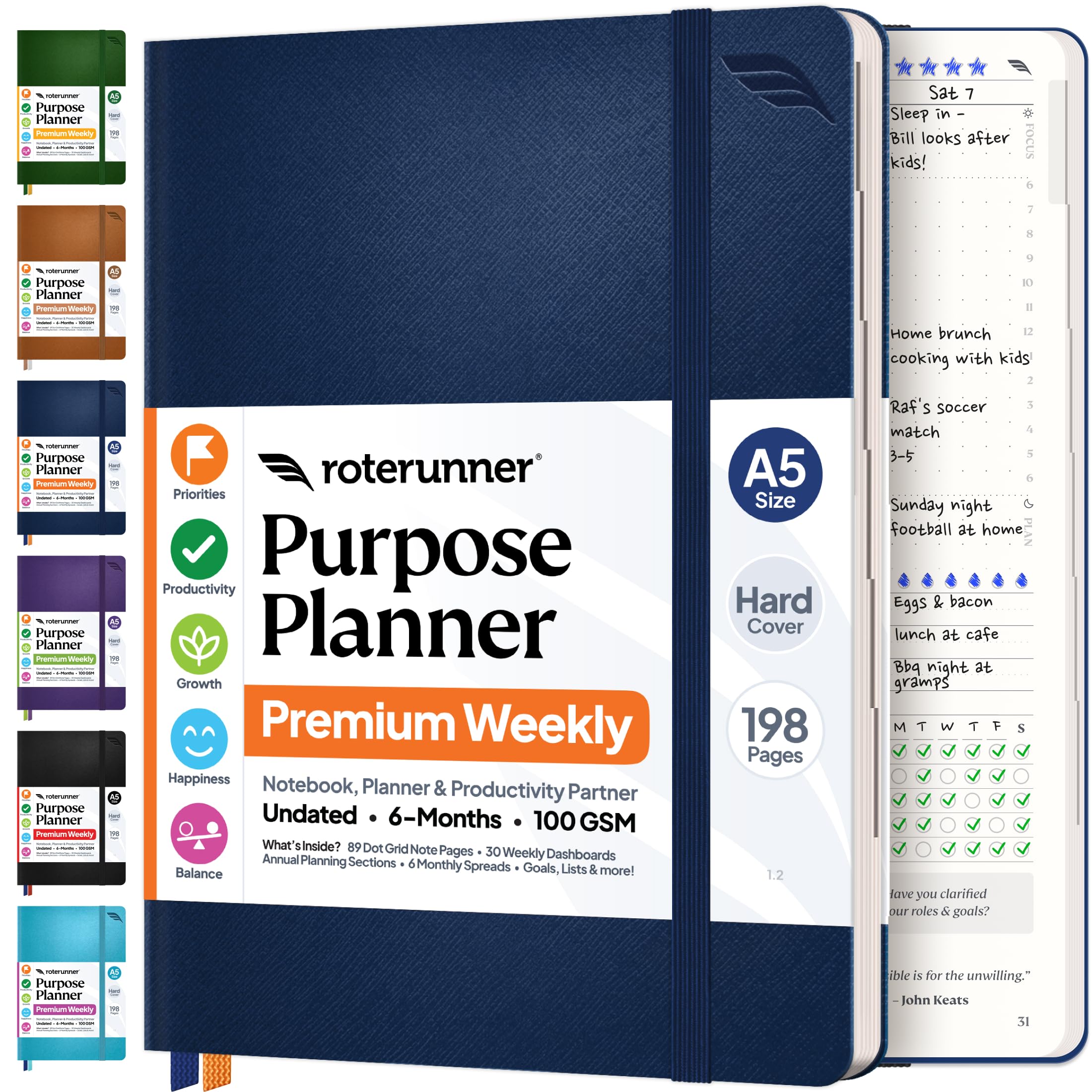 Purpose Planner Notebook A5 5.8”x8.3” Undated 2026 Daily Weekly and Monthly Productivity Goal Setting Tool for Work Home ADHD Planner for Adults Self