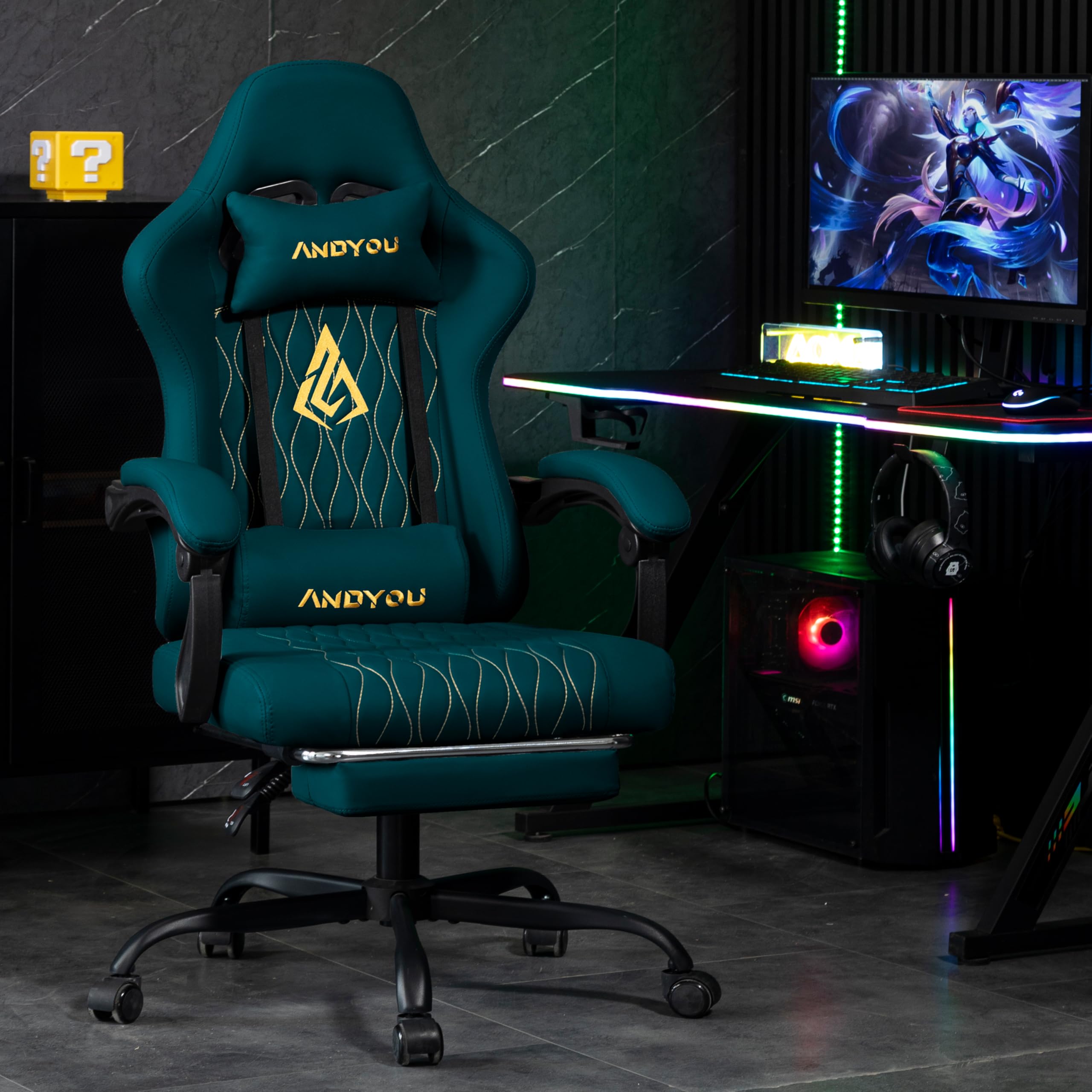 Andyou Silla Gaming Ergonómica Profesional con Soporte Lumbar - Silla Gamer para Adulto, Giratoria y Reclinable con Reposapiés Ajustable y Tela Transpirable, Soporte 150 kg para Oficina y PC