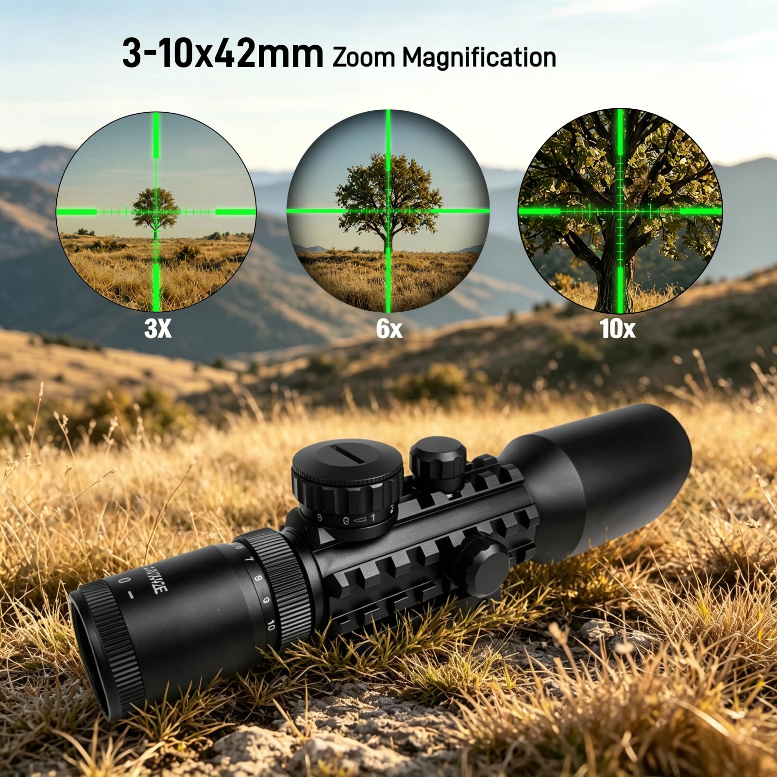 Lunettes de Visée 3-10x42E, Réticule Rouge Vert Double Illuminé Zoom Variable, Corps Aluminium Étanche Anti-Choc Rail Picatinny, pour Tactique Chasse Airsoft Arbalète Tir Sportif