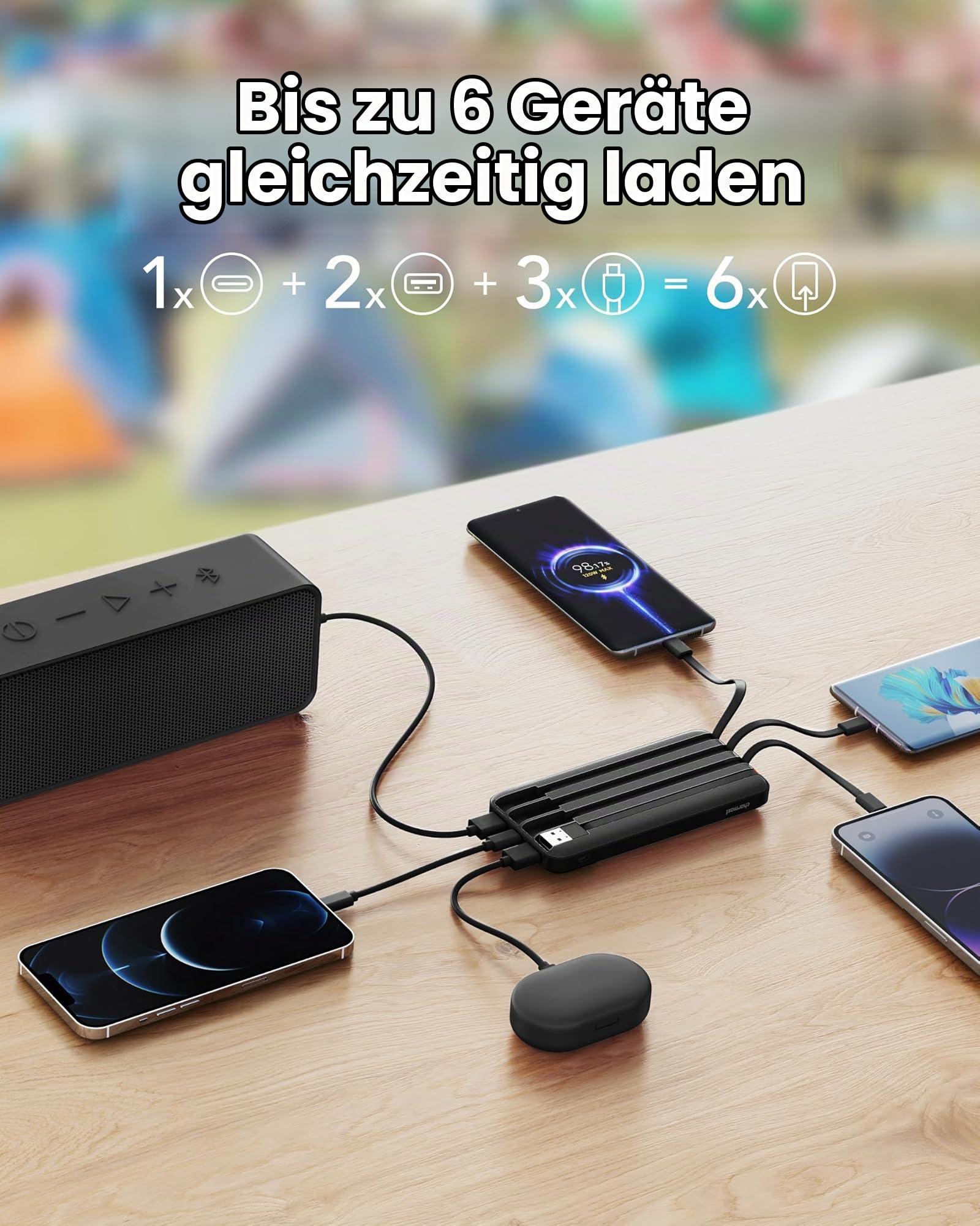 Charmast Powerbank mit integrierten Kabeln, 22,5 W 20000 mAh Powerbank Schnellladung, tragbares Ladegerät mit 5 Ausgängen und 4 Eingängen, kompatibel mit iPhone 17 16 15 14 13 12 11 Serie, Samsung