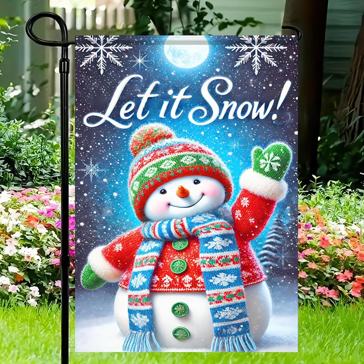 Winter Snowman Garden Flag 12x18 Inch Double Sided Christmas Yard Flag Snowy Night Outdoor Decor Holiday Welcome Banner for Porch Lawn Patio Seasonal Garden Decoration - Image 4