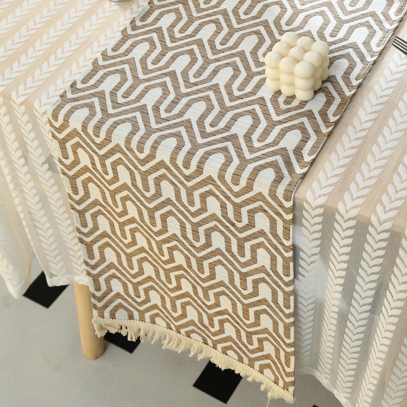 Tischläufer Hochzeit Polyester, Tischläufer Landhausstil 35x210 cm, Leinenoptik mit Geometrische Muster