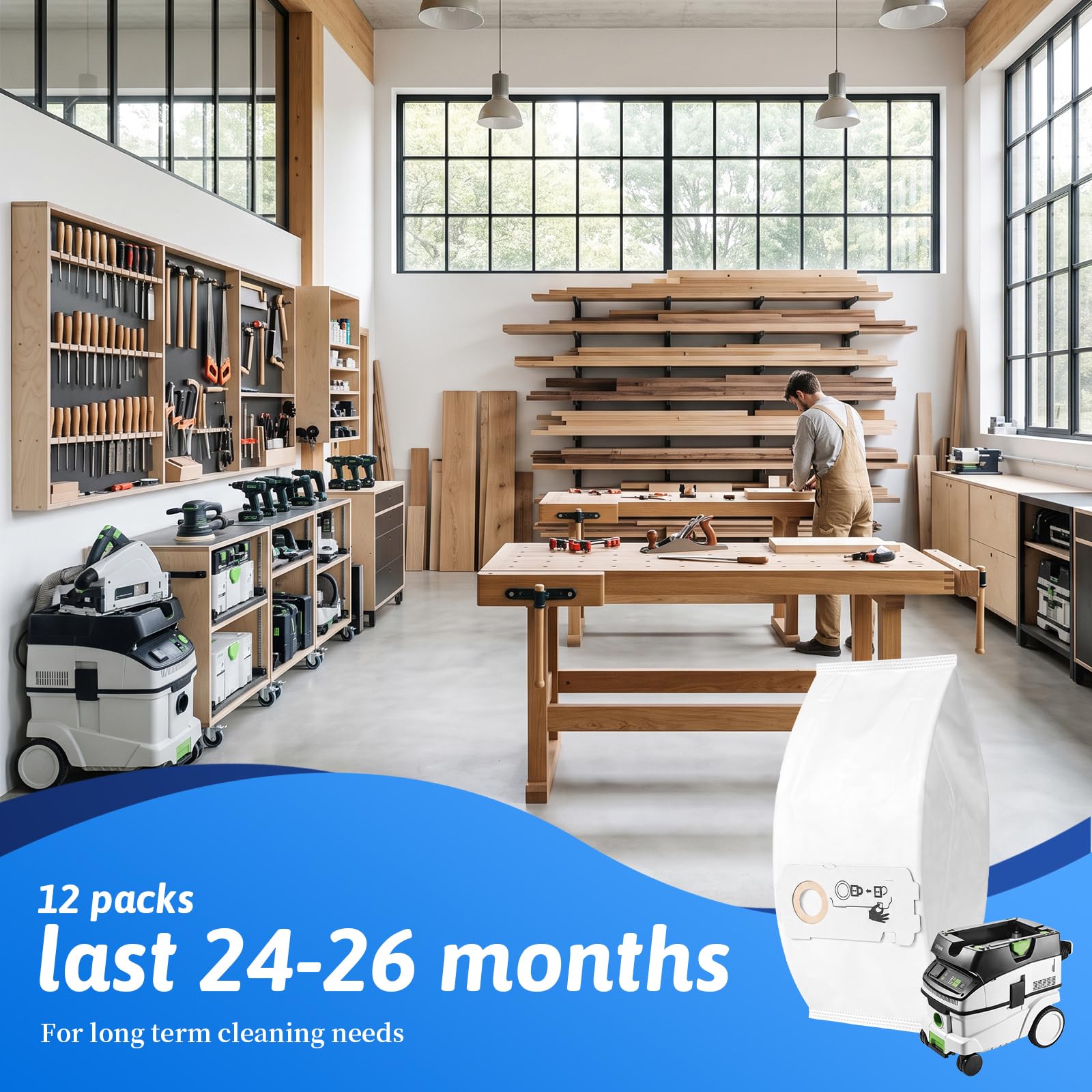 12 sztuk worków filtrujących SELFCLEAN SC-FIS-CT MINI/MIDI-2/5, kompatybilne z workami Festool CT Mini/CT Midi/CT Midi I/CTC Mini/Midi/CT 15, od roku produkcji 2019