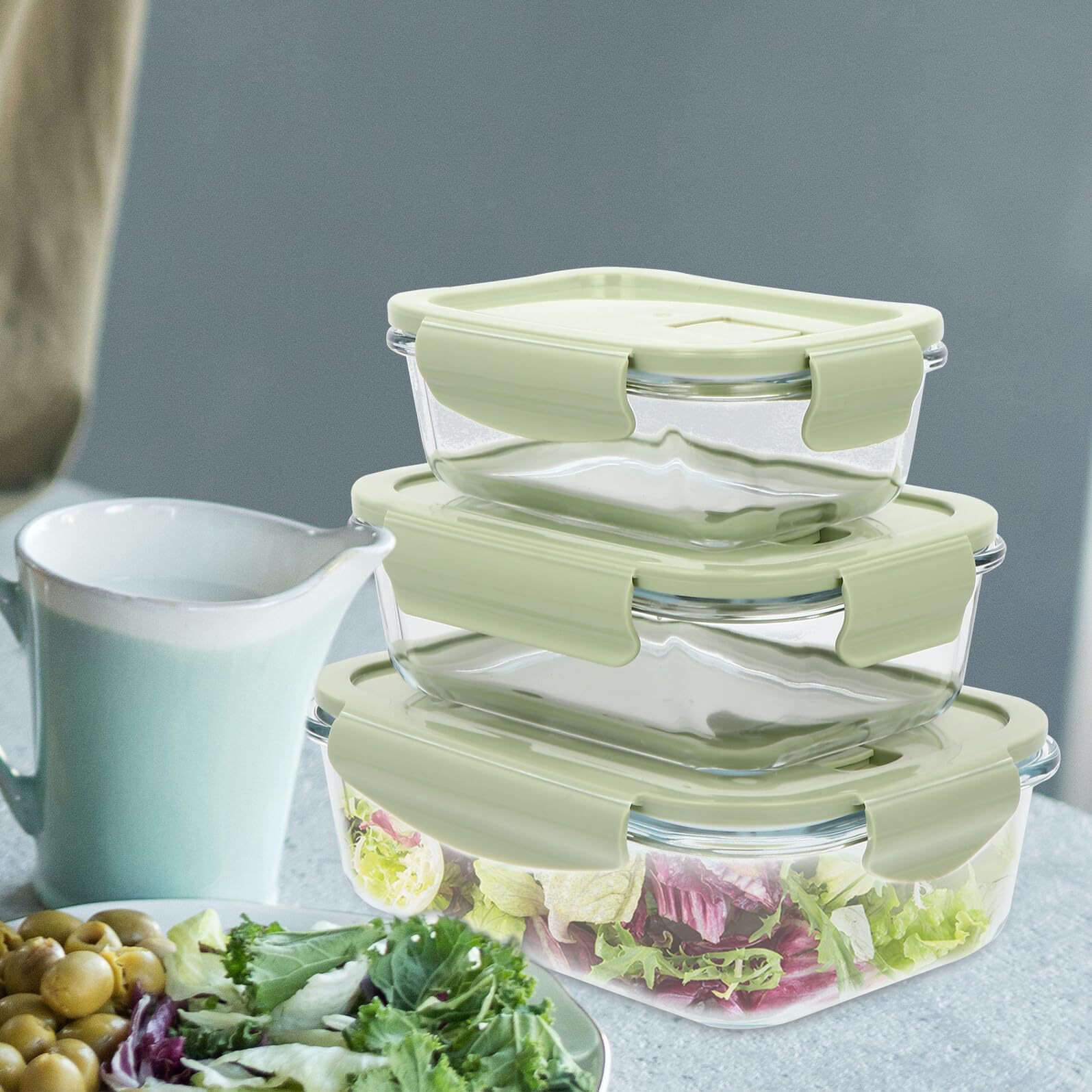 Boîte à Bento Réutilisable 3 Pièces en Verre et Pp Vert