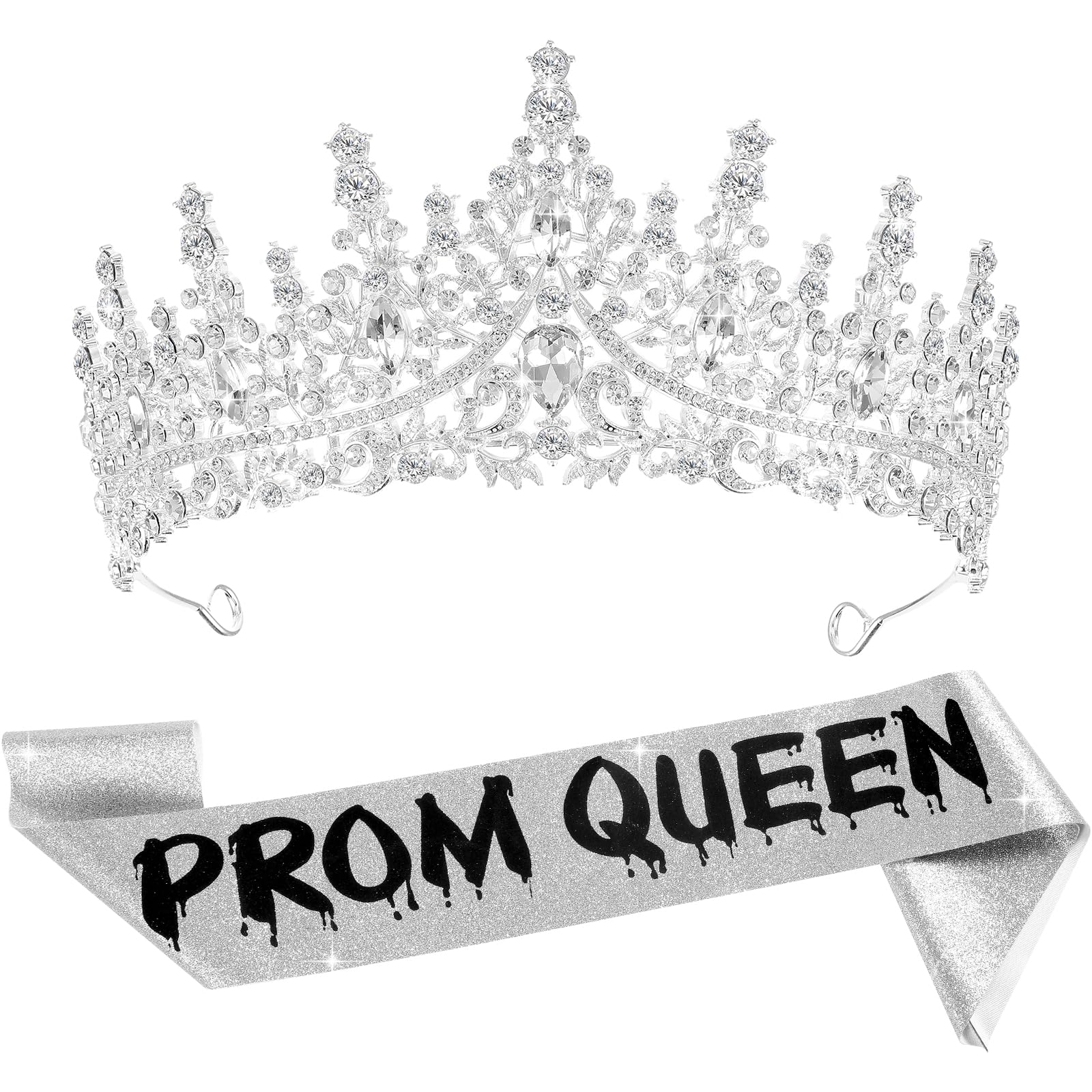 Lyrow 2pcs Halloween Prom Crown and Sash Set Prom Queen Sash Crowns for Women Queen Cosplay Headwear for Halloween Homecoming(Vivid Style)