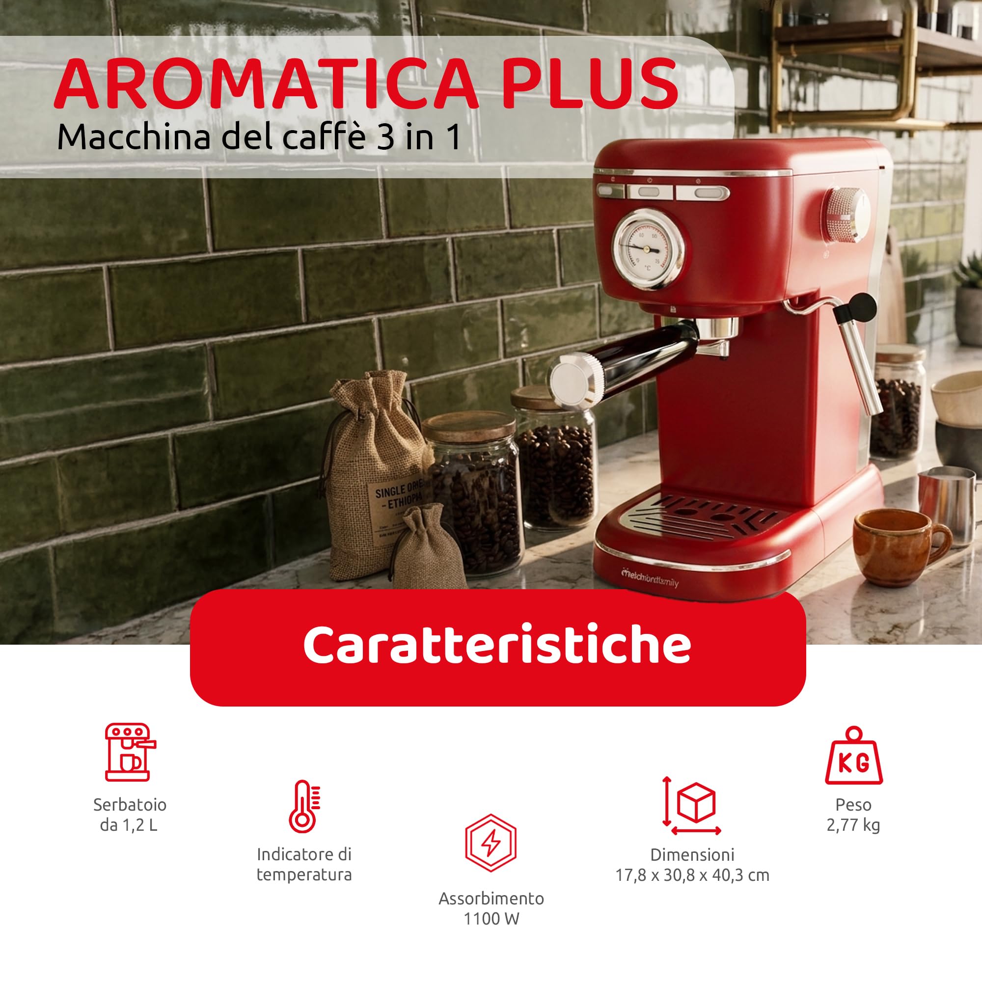 Melchioni Aromatica Plus ekspres do kawy 3 w 1, kompatybilny z kapsułkami Nespresso i kawą mieloną - ciśnienie 15 bar - 1100 W - zbiornik 1,2 l - wbudowany spieniacz do mleka - czerwony