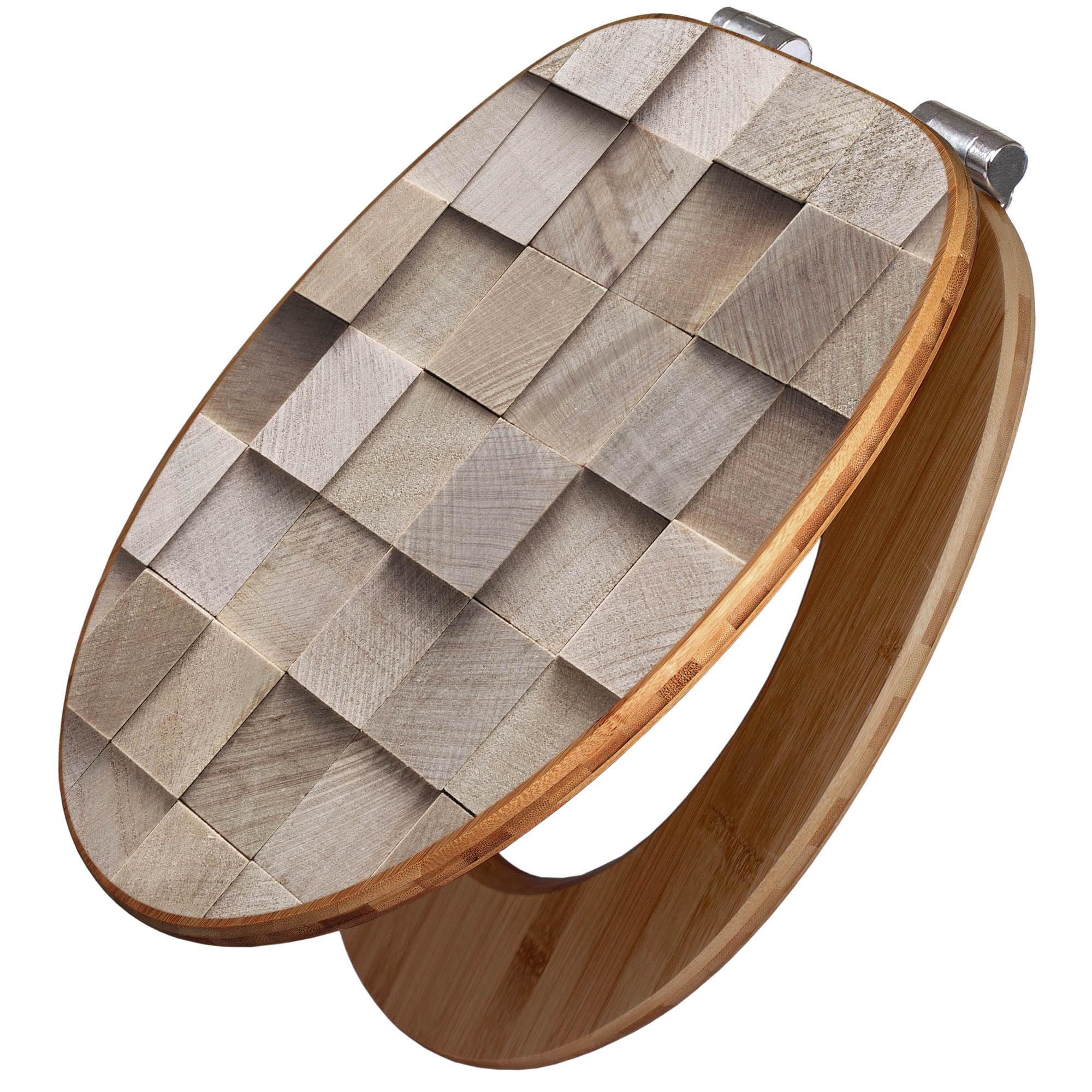 banjado Design WC Sitz Bambus Absenkautomatik 45,8x37,5cm - Toilettendeckel mit Absenkautomatik Holz - hochwertiger Bambus Klodeckel - WC-Sitz für gängigen Toiletten - Motiv Bauklötze Relief
