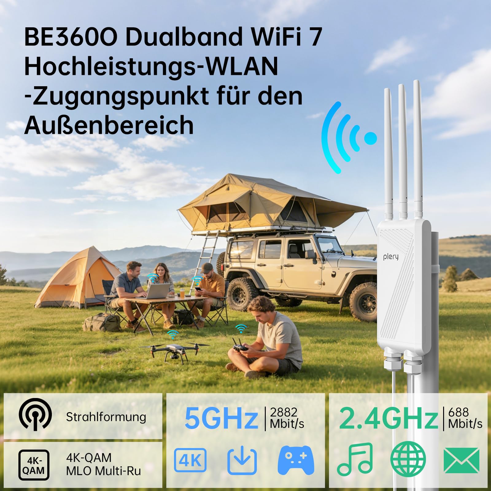 BE3600 WiFi 7 Outdoor WLAN Access Point WLAN Verstärker Mit PoE | Lange Reichweite WLAN Repeater Outdoor, 688Mbit/s 2,4GHz 2882Mbit/s 5Ghz Mit 3*5dBi Antennen, IP66 Wetterfestes Gehäuse