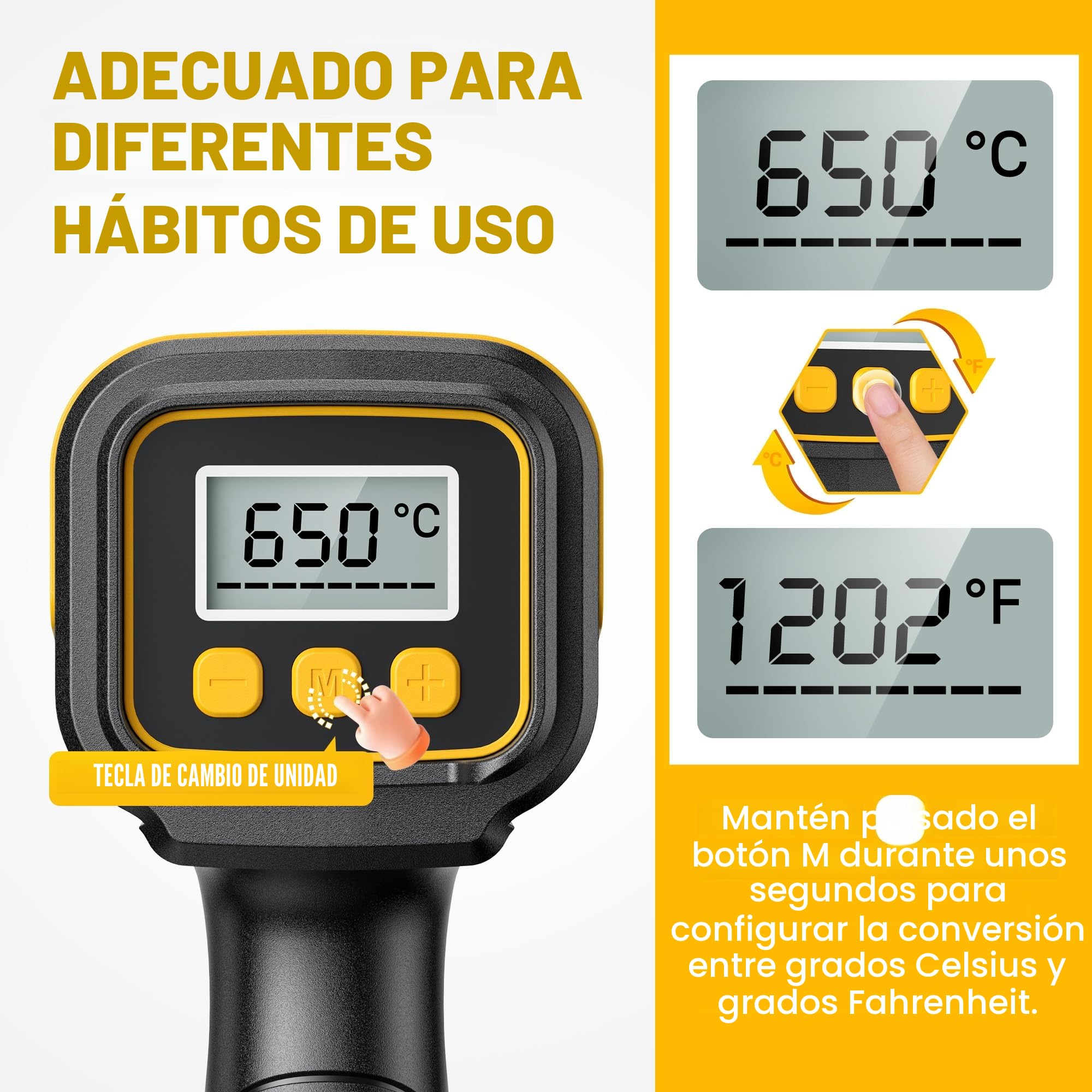 SEEKONE Pistola de Aire Caliente de 2000W con Pantalla LCD Digital, 50℃-650℃ Diseño Compacto y Temperatura de Flujo de Aire Ajustable, con Protección de Sobrecarga y Ideal para Manualidades