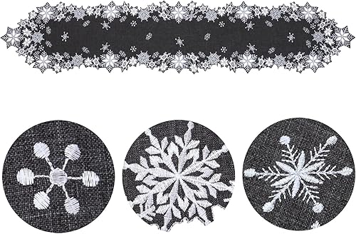 Miniatura 2 de Simhomsen Caminos de mesa bordados con copos de nieve para Navidad e invierno (gris, 14 x 69 pulgadas)