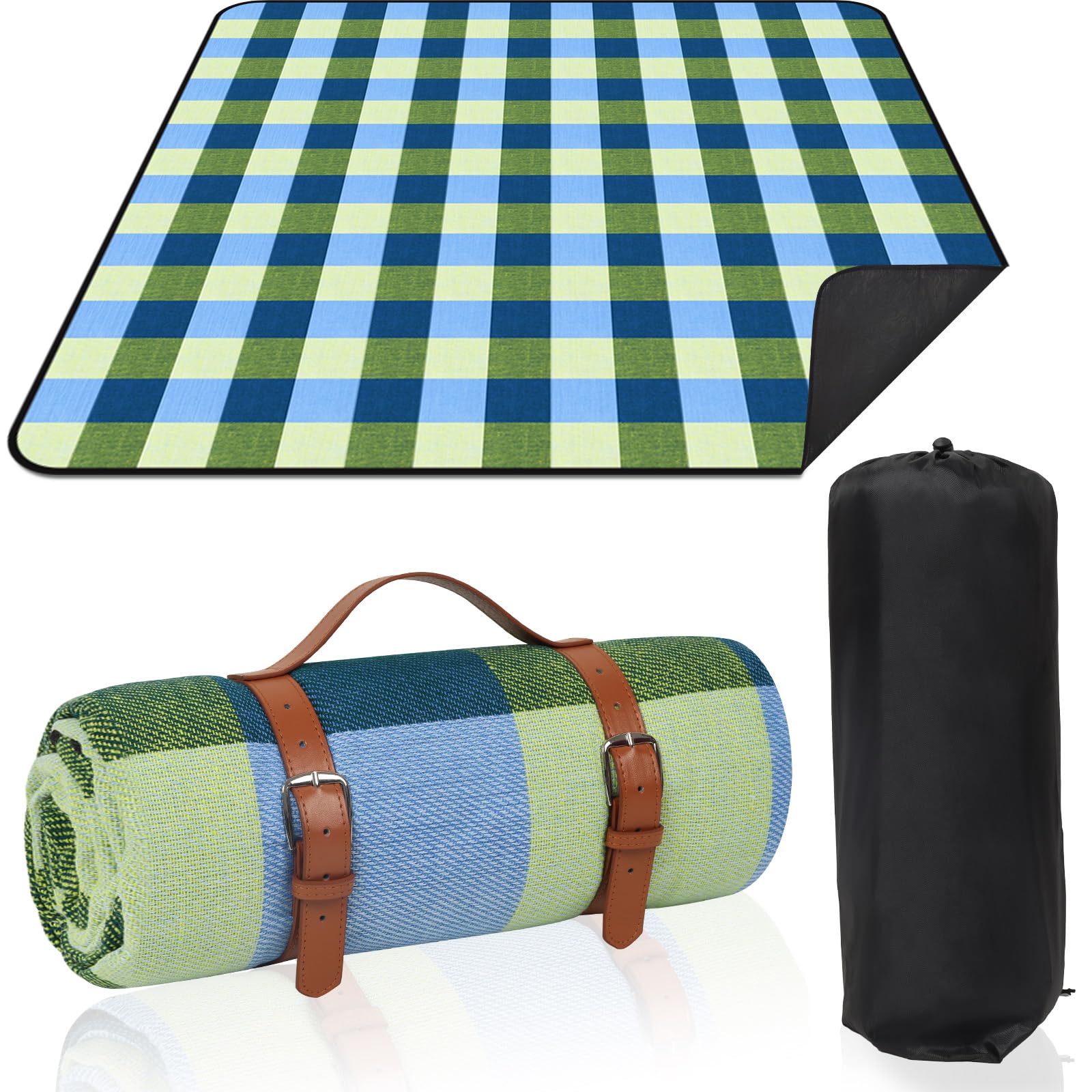 Votoko Picnic Blanket 200 x 200 cm, Grid Beach Blanket, Waterproof, Portable, Washable, Large Beach Mat, Sand-Free, Camping Blanket, Insulated with Carry Handle, Picnic Blanket for Outdoor Camping