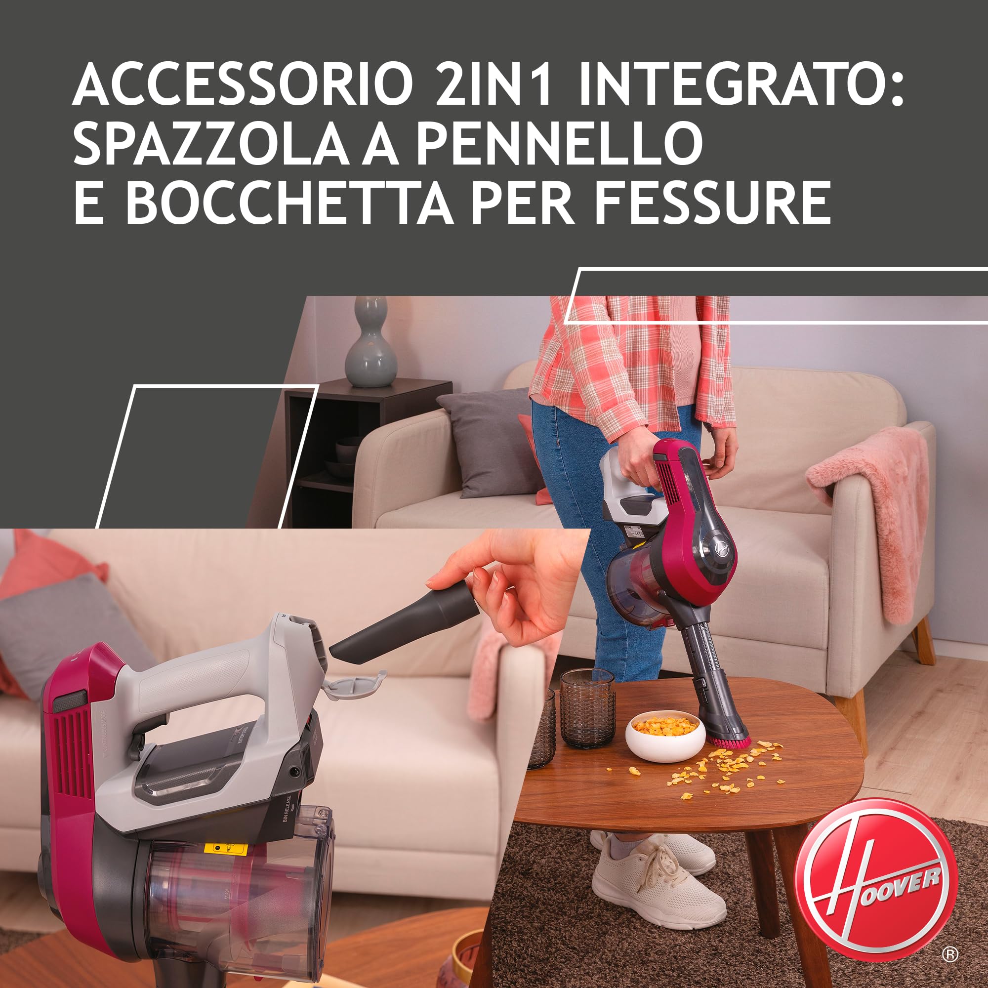 Hoover HF1 HF110P Aspirapolvere Senza Filo, Senza Sacco, 170 W, 0,9 Litri, Autonomia 30 Minuti, Spazzola Animali, Luce LED, 26x23,4x112 cm, Magenta