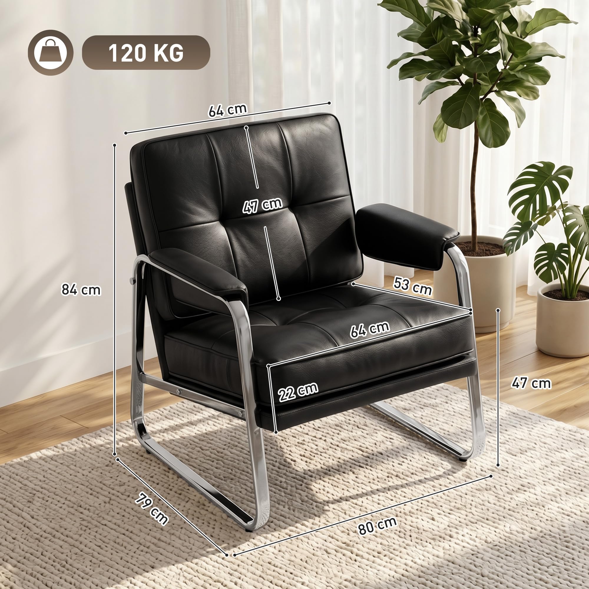 HOMCOM Sessel Loungesessel mit breiter Sitz, Armlehnen, Polstersessel mit Stahlbeinen, Knopfheftung, Dicker Polsterung Relaxsessel aus Kunstleder für Wohnzimmer, Schlafzimmer, Schwarz