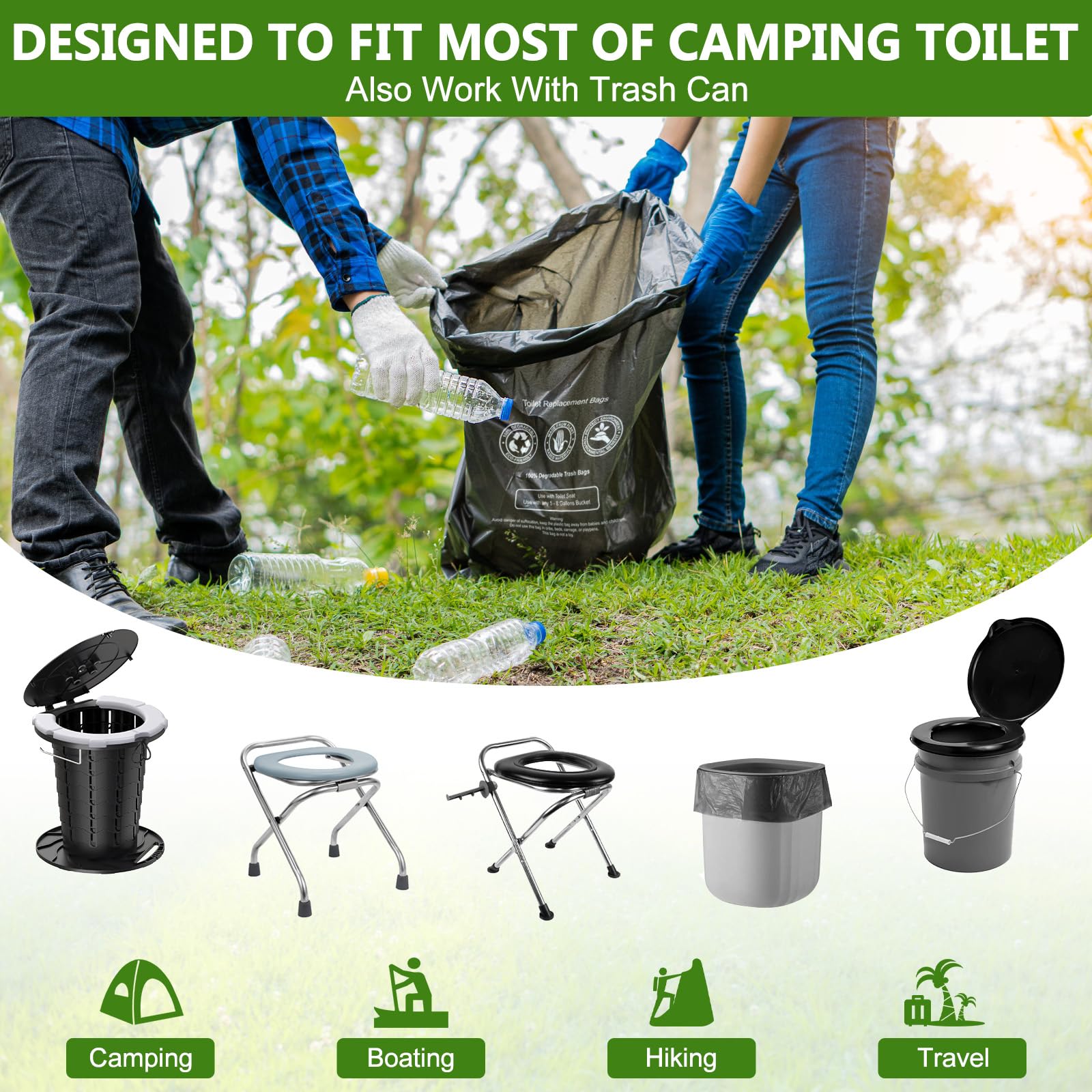 BLIKA Juego de bolsas de inodoro de gel ecológico para camping, bolsas de inodoro portátiles con gel, 8 galones, 30 litros, resistentes 1 mil, bolsas de repuesto para inodoro con polvo de inodoro para