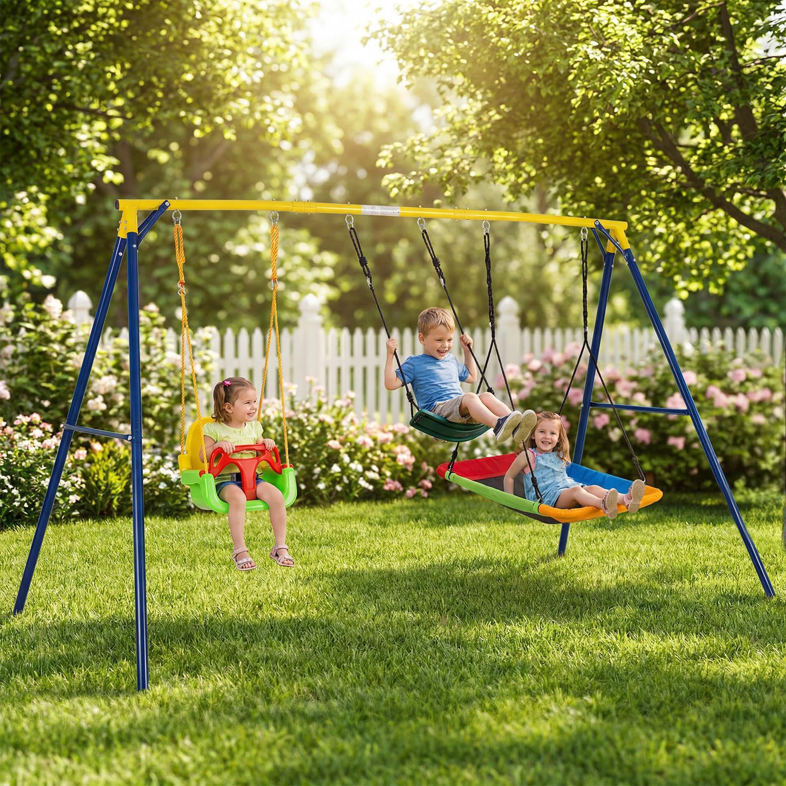 COSTWAY Columpio Jardín Exterior, Juego 3 en 1 de Columpio Infantil, Estructura De Metal, Columpio con Cinturón/Plataforma, 1 Asiento De Columpio Ajustable, 350 x 182 x 195 cm, Carga 300kg (3 en 1-2)