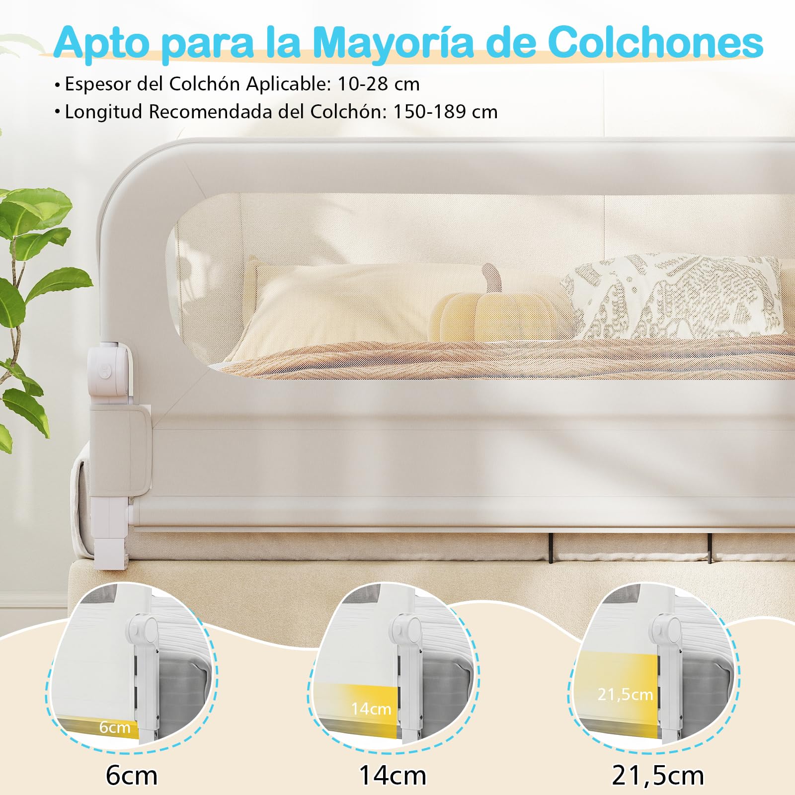 COSTWAY Barrera Seguridad Niños, Barandilla Plegable para Cama, Barandilla de Seguridad Ajustable dcon Funda Extraíble de Tejido Oxford y Base Robusta en Forma de U (Blanco,150 x 60 cm)