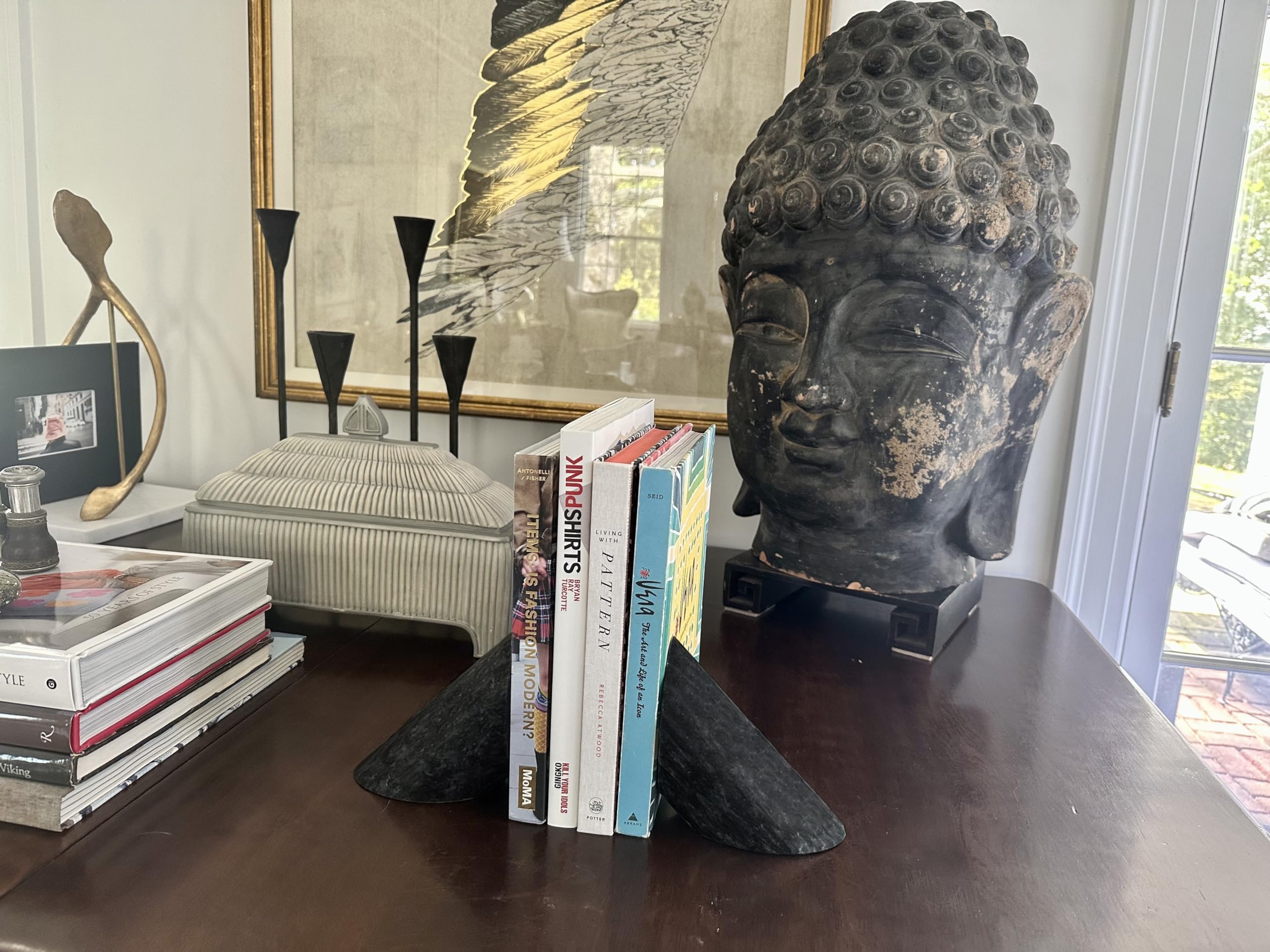 Fox Run 100% Natural Polished Marble Bookends, Black, Set of 2, Angled - Image 3