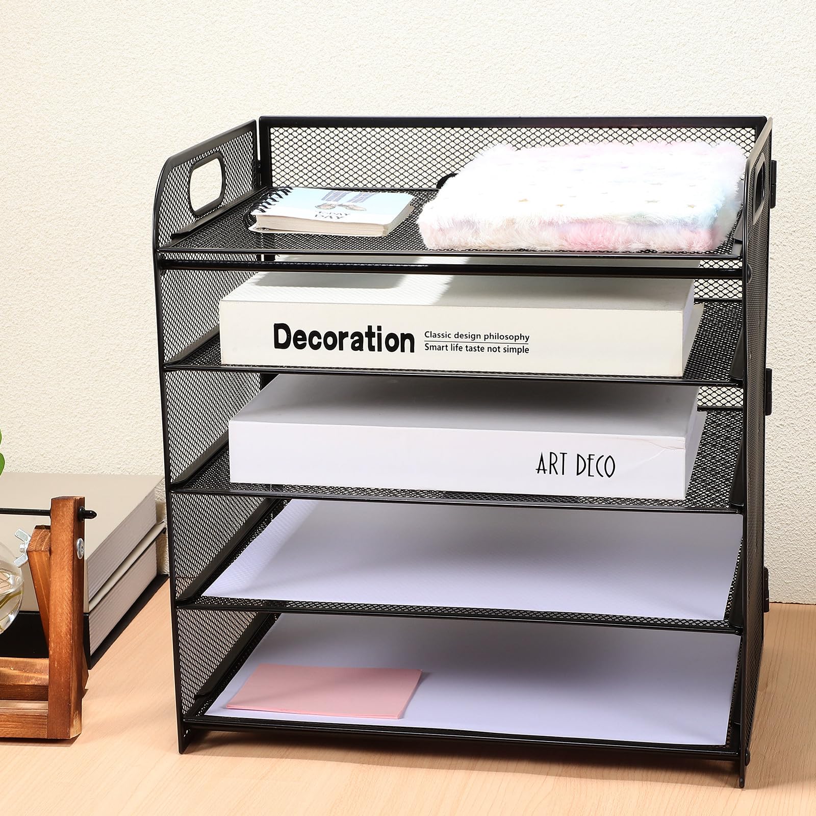 INOOMP Organizer per Scrivania in Acciaio al Carbonio Nero a 5 Livelli Rete, Porta Documenti da Tavolo Facile da Usare per Ufficio e Desktop