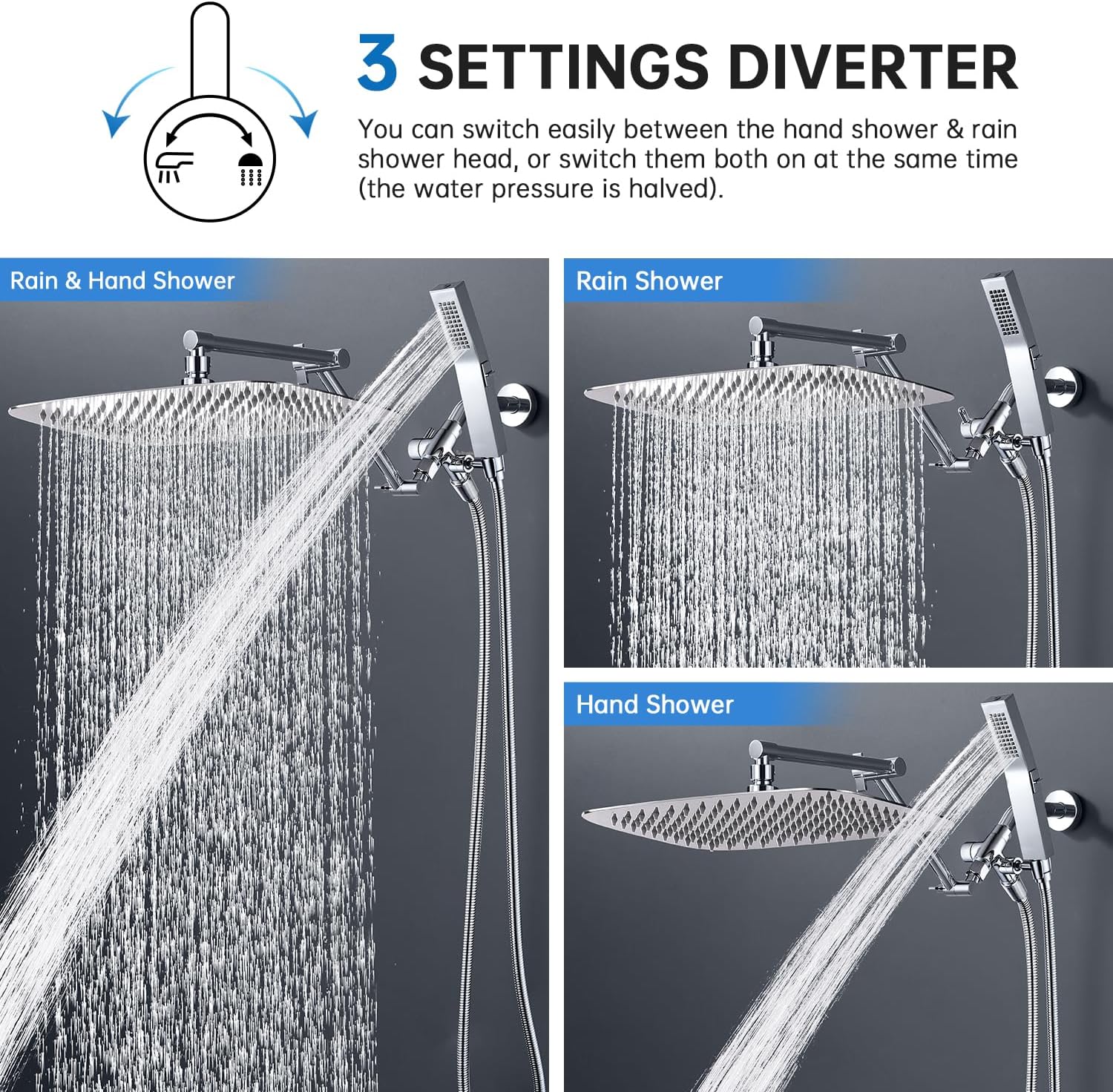 G-Promise All Metal 14 Inches Rainfall Shower Head with Handheld Spray Combo, 3 Settings Diverter, Adjustable Extension Arm with Lock Joints, 71 Inches Stainless Steel Hose (Chrome)